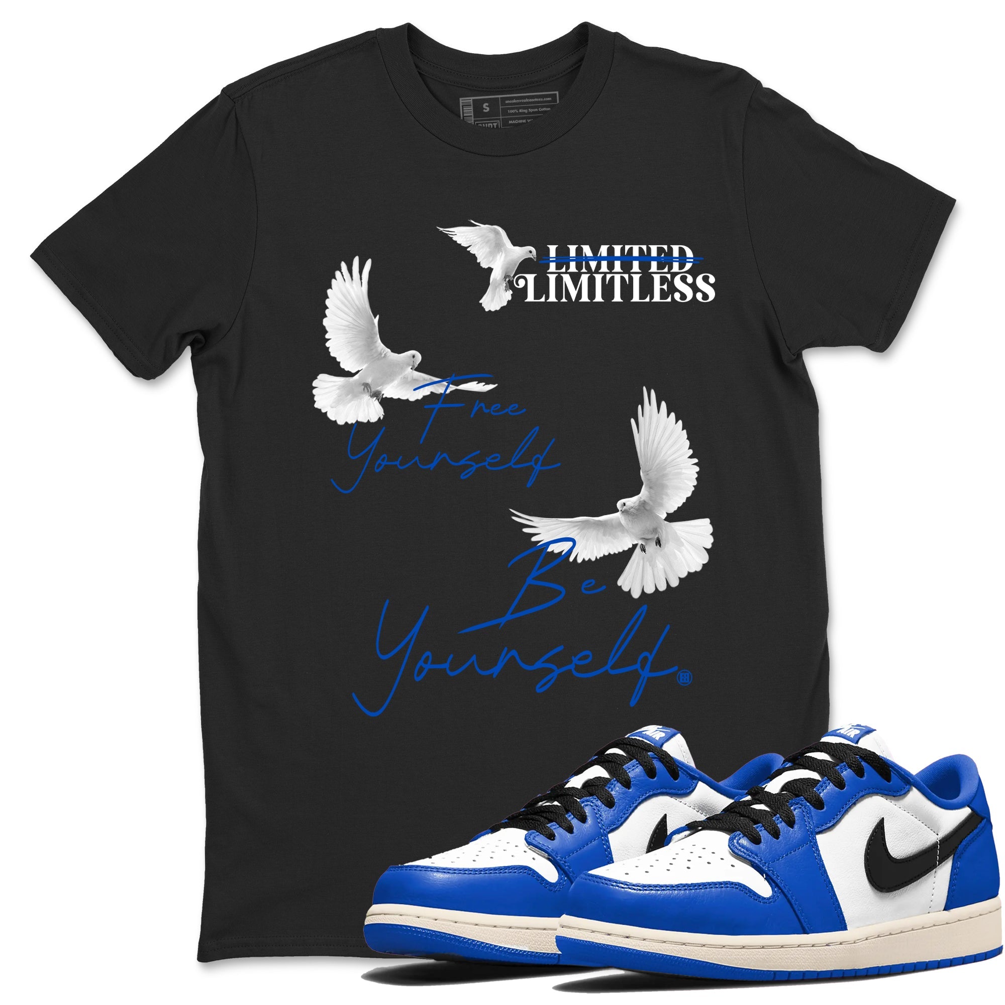 1s Game Royal shirts to match jordans Free Yourself Be Yourself sneaker match tees Air Jordan 1 Game Royal match shoes to clothes Drip Gear Zone unisex cotton Black 1 shirts