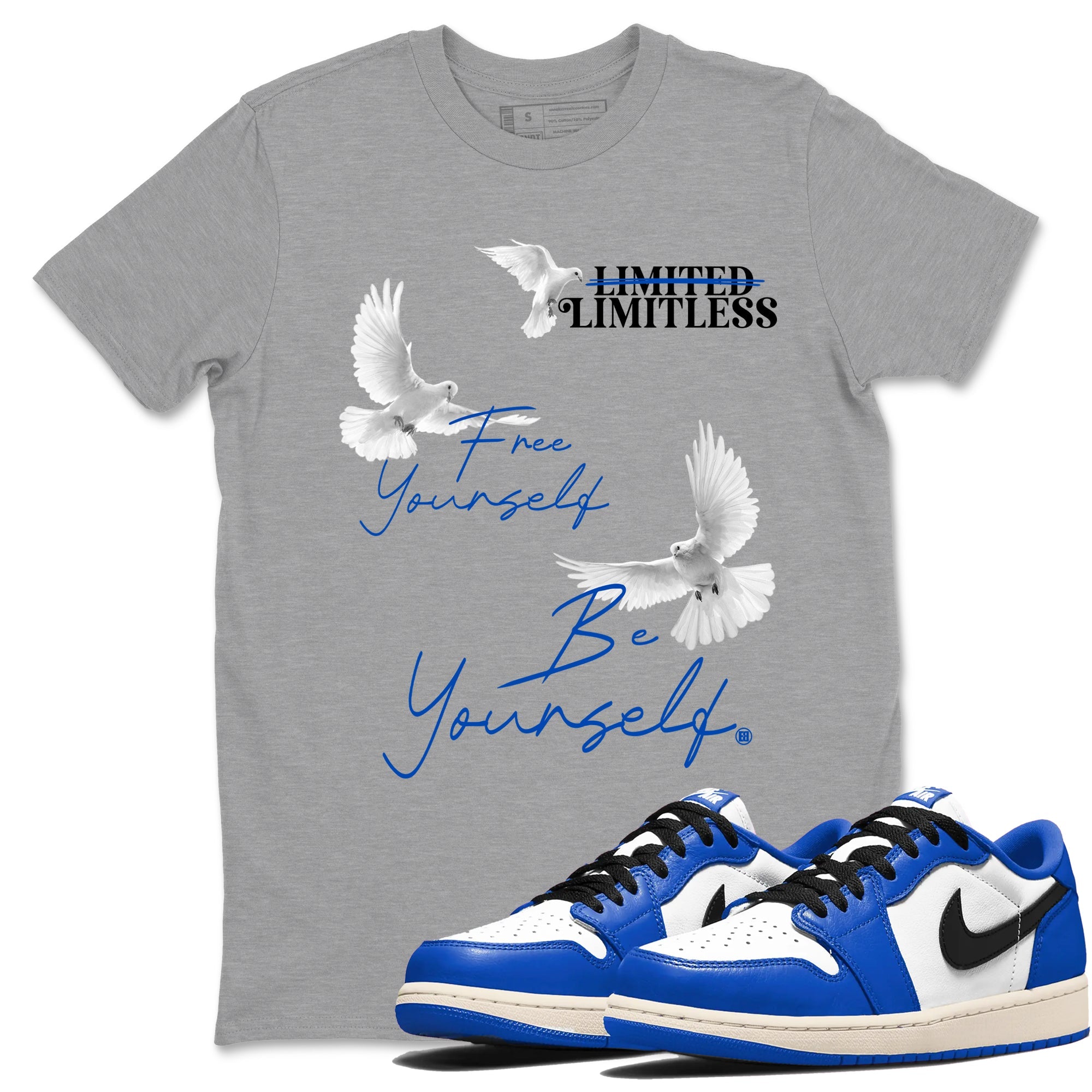 1s Game Royal shirts to match jordans Free Yourself Be Yourself sneaker match tees Air Jordan 1 Game Royal match shoes to clothes Drip Gear Zone unisex cotton Heather Grey 1 shirts
