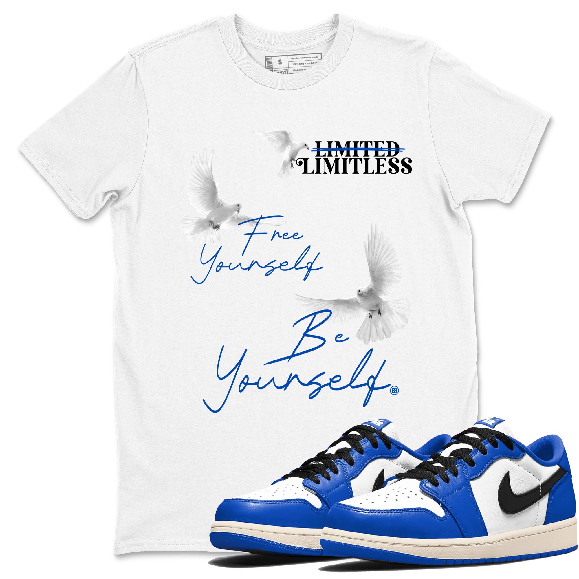 1s Game Royal shirts to match jordans Free Yourself Be Yourself sneaker match tees Air Jordan 1 Game Royal match shoes to clothes Drip Gear Zone unisex cotton White 1 shirts