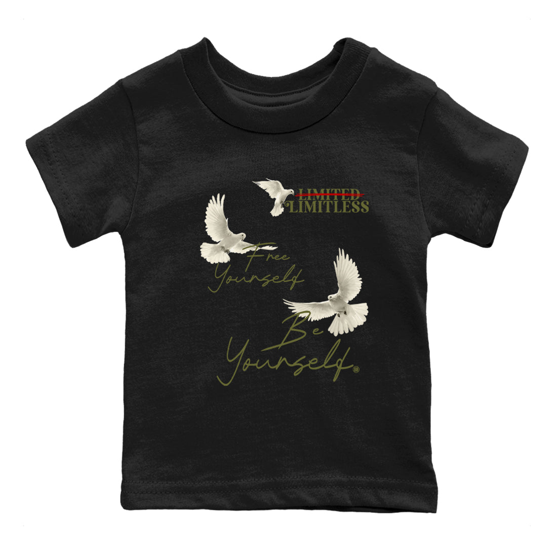 Jordan 1 Olive t shirts to match sneakers Free Yourself Be Yourself sneaker match tees Air Jordan 1 Low x Travis Scott Reverse Olive tee Drip Gear Zone Youth Baby Black 2 tee