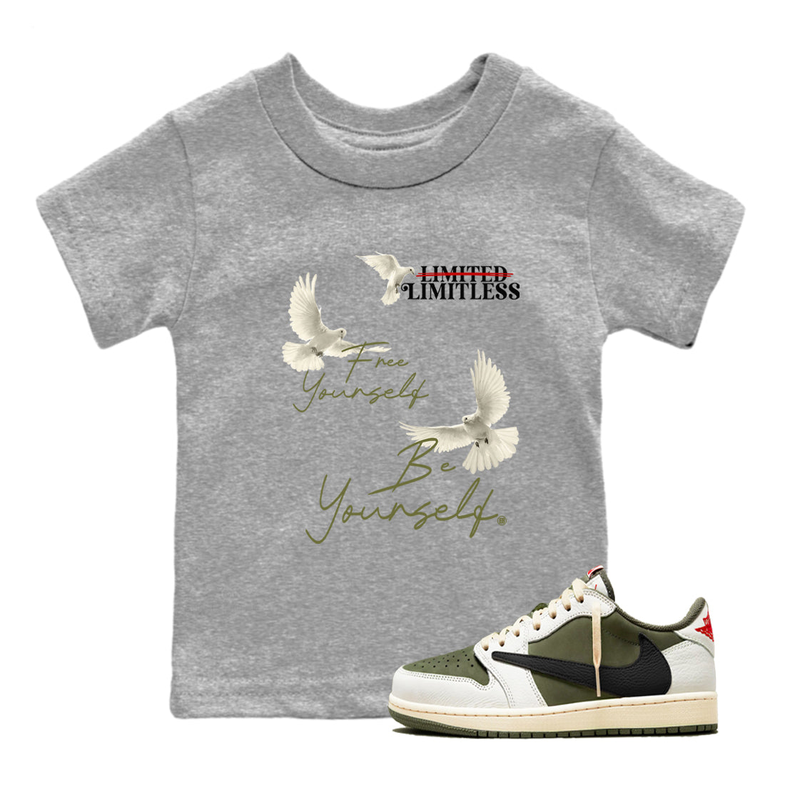 Jordan 1 Olive t shirts to match sneakers Free Yourself Be Yourself sneaker match tees Air Jordan 1 Low x Travis Scott Reverse Olive tee Drip Gear Zone Youth Baby Heather Grey 1 tee