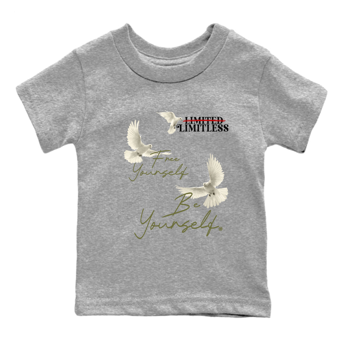 Jordan 1 Olive t shirts to match sneakers Free Yourself Be Yourself sneaker match tees Air Jordan 1 Low x Travis Scott Reverse Olive tee Drip Gear Zone Youth Baby Heather Grey 2 tee
