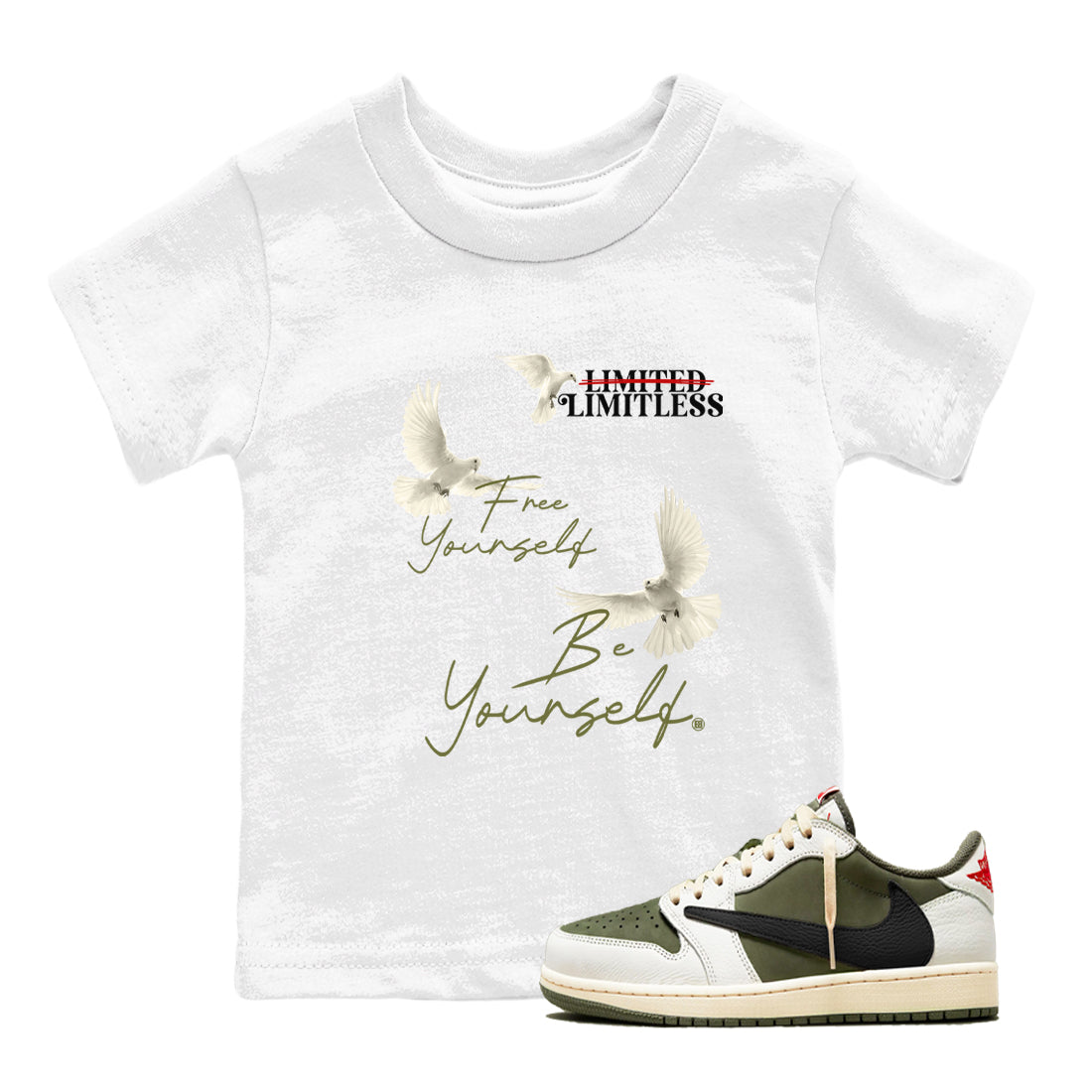 Jordan 1 Olive t shirts to match sneakers Free Yourself Be Yourself sneaker match tees Air Jordan 1 Low x Travis Scott Reverse Olive tee Drip Gear Zone Youth Baby White 1 tee