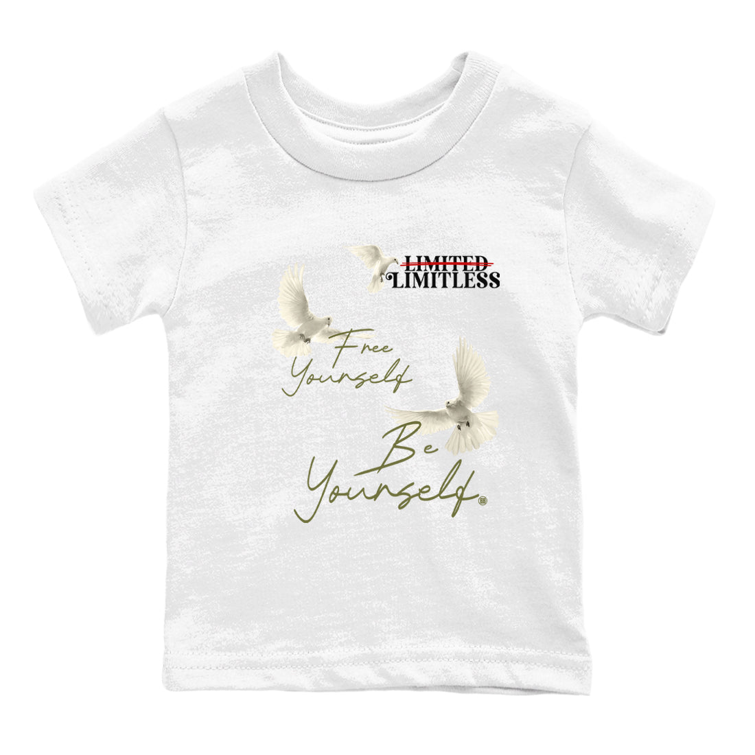Jordan 1 Olive t shirts to match sneakers Free Yourself Be Yourself sneaker match tees Air Jordan 1 Low x Travis Scott Reverse Olive tee Drip Gear Zone Youth Baby White 2 tee