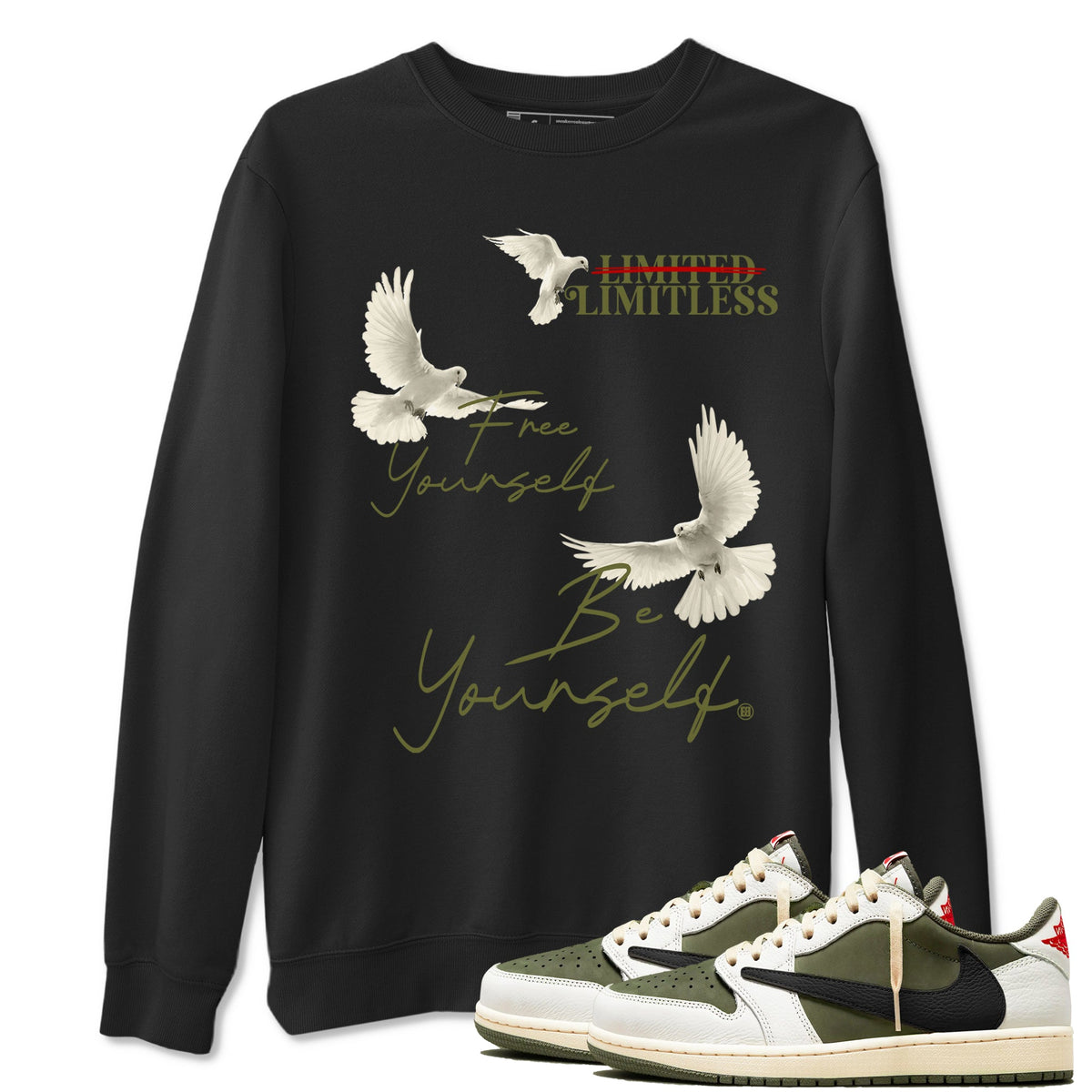 Jordan 1 Olive t shirts to match sneakers Free Yourself Be Yourself sneaker match tees Air Jordan 1 Low x Travis Scott Reverse Olive tee Drip Gear Zone unisex cotton Black 1 shirts