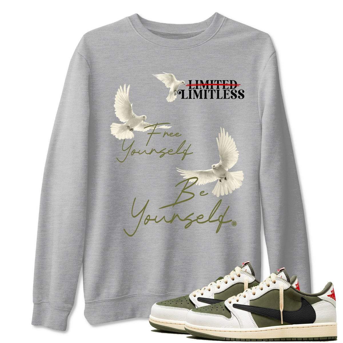 Jordan 1 Olive t shirts to match sneakers Free Yourself Be Yourself sneaker match tees Air Jordan 1 Low x Travis Scott Reverse Olive tee Drip Gear Zone unisex cotton Heather Grey 1 shirts