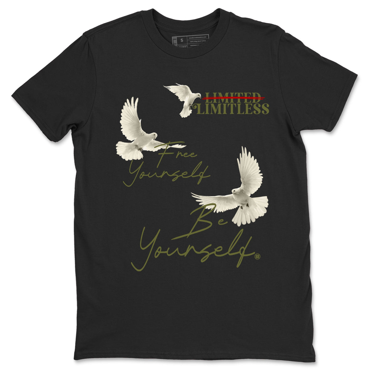 Jordan 1 Olive t shirts to match sneakers Free Yourself Be Yourself sneaker match tees Air Jordan 1 Low x Travis Scott Reverse Olive tee Drip Gear Zone unisex cotton Black 2 shirts