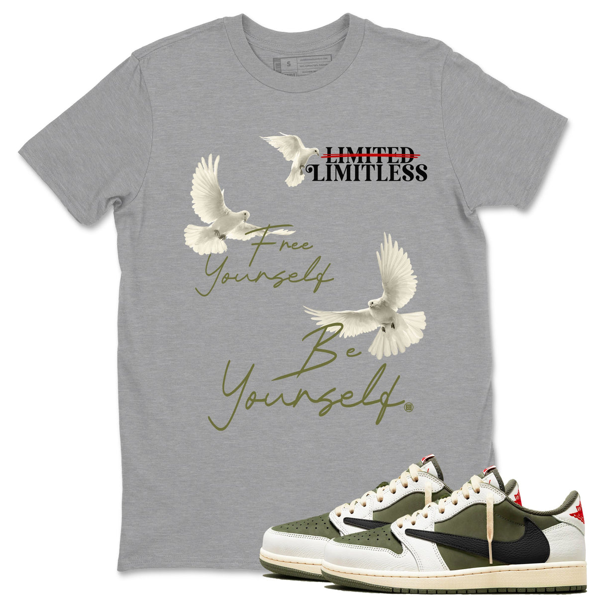 Jordan 1 Olive t shirts to match sneakers Free Yourself Be Yourself sneaker match tees Air Jordan 1 Low x Travis Scott Reverse Olive tee Drip Gear Zone unisex cotton Heather Grey 1 shirts