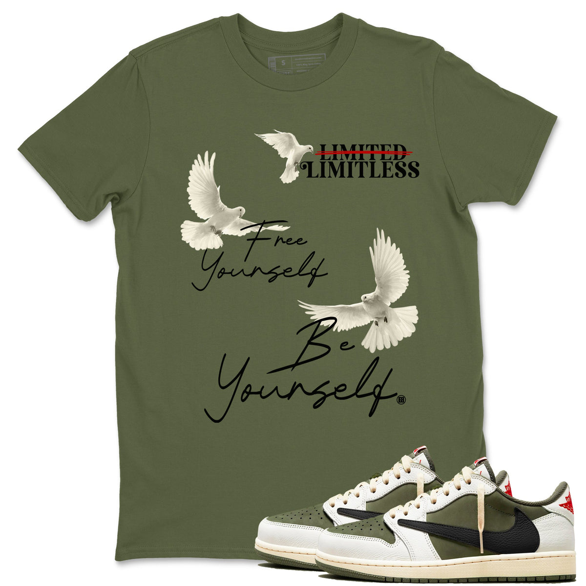 Jordan 1 Olive t shirts to match sneakers Free Yourself Be Yourself sneaker match tees Air Jordan 1 Low x Travis Scott Reverse Olive tee Drip Gear Zone unisex cotton Military Green 1 shirts