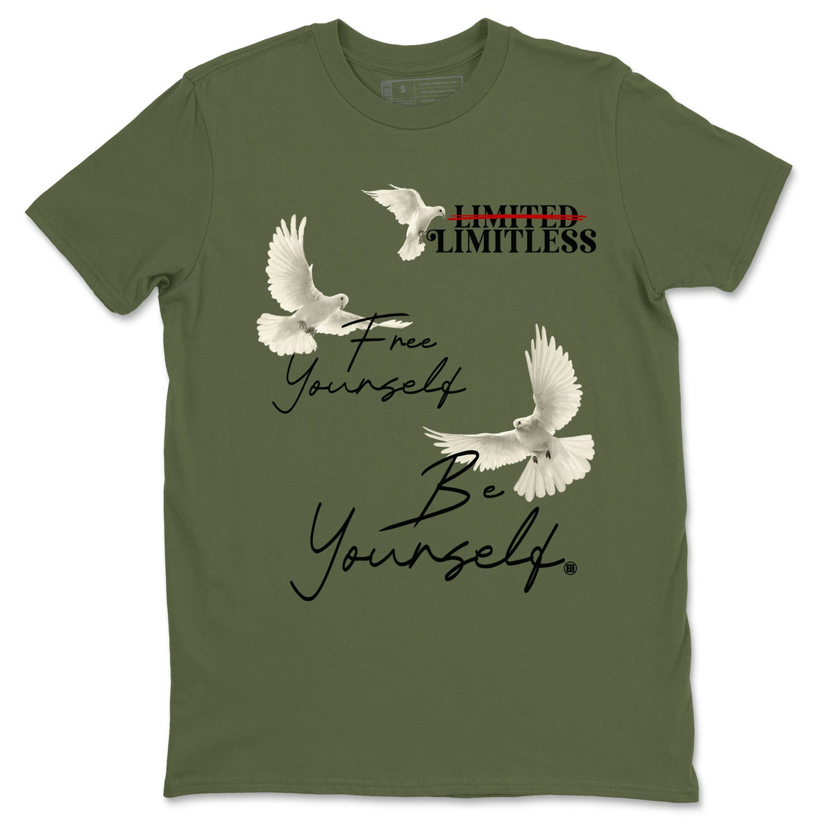 Jordan 1 Olive t shirts to match sneakers Free Yourself Be Yourself sneaker match tees Air Jordan 1 Low x Travis Scott Reverse Olive tee Drip Gear Zone unisex cotton Military Green 2 shirts
