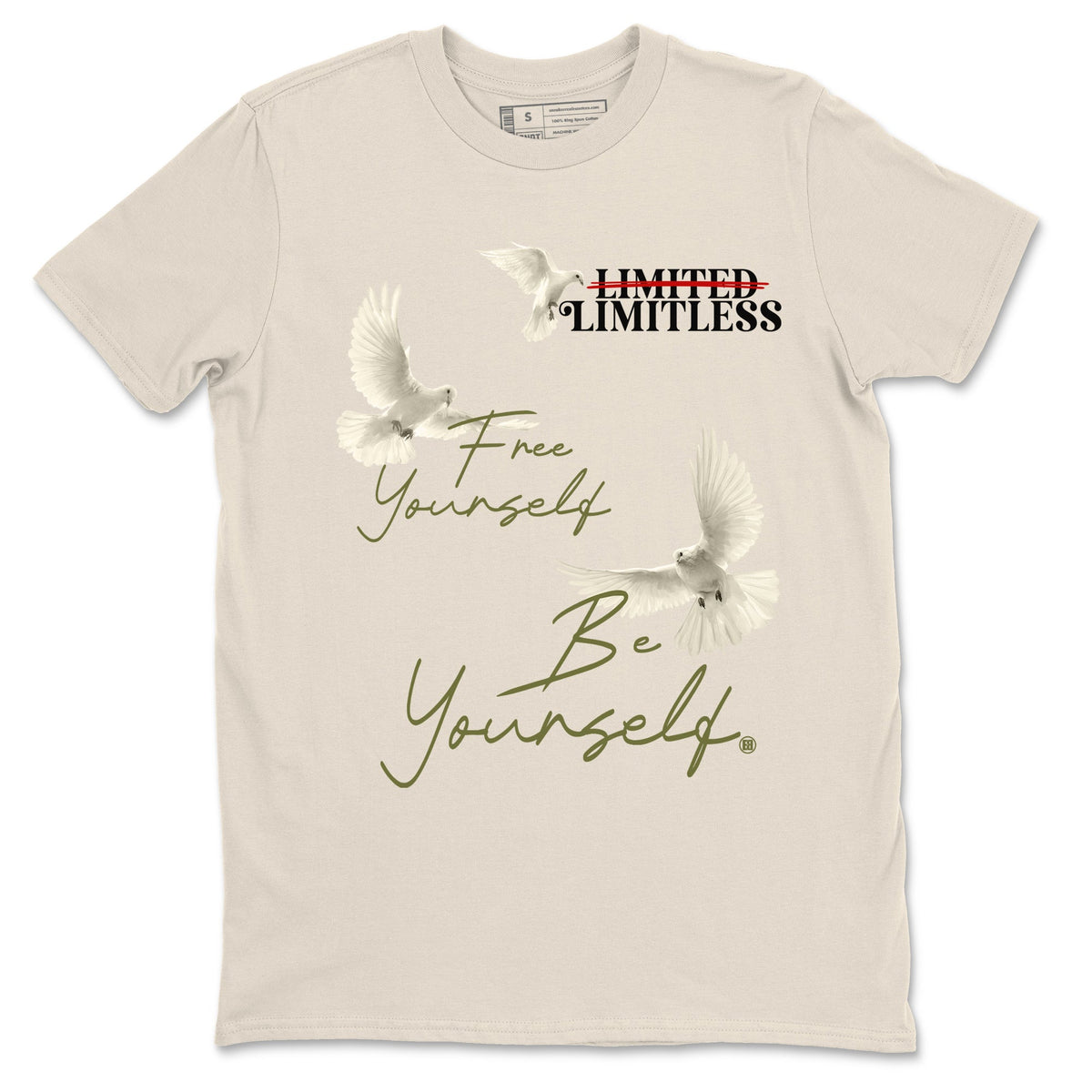 Jordan 1 Olive t shirts to match sneakers Free Yourself Be Yourself sneaker match tees Air Jordan 1 Low x Travis Scott Reverse Olive tee Drip Gear Zone unisex cotton Natural 2 shirts