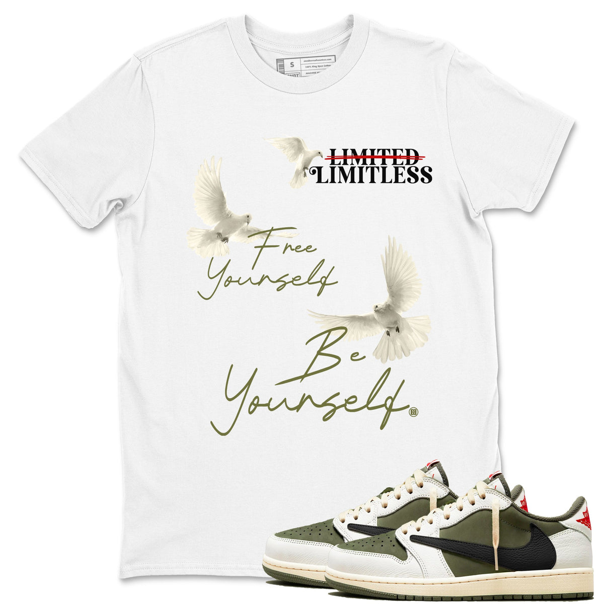 Jordan 1 Olive t shirts to match sneakers Free Yourself Be Yourself sneaker match tees Air Jordan 1 Low x Travis Scott Reverse Olive tee Drip Gear Zone unisex cotton White 1 shirts