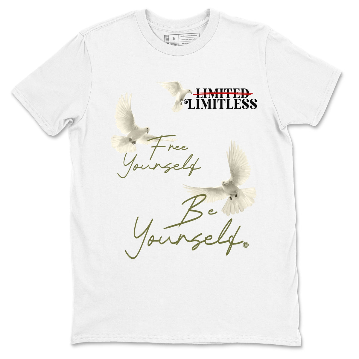 Jordan 1 Olive t shirts to match sneakers Free Yourself Be Yourself sneaker match tees Air Jordan 1 Low x Travis Scott Reverse Olive tee Drip Gear Zone unisex cotton White 2 shirts