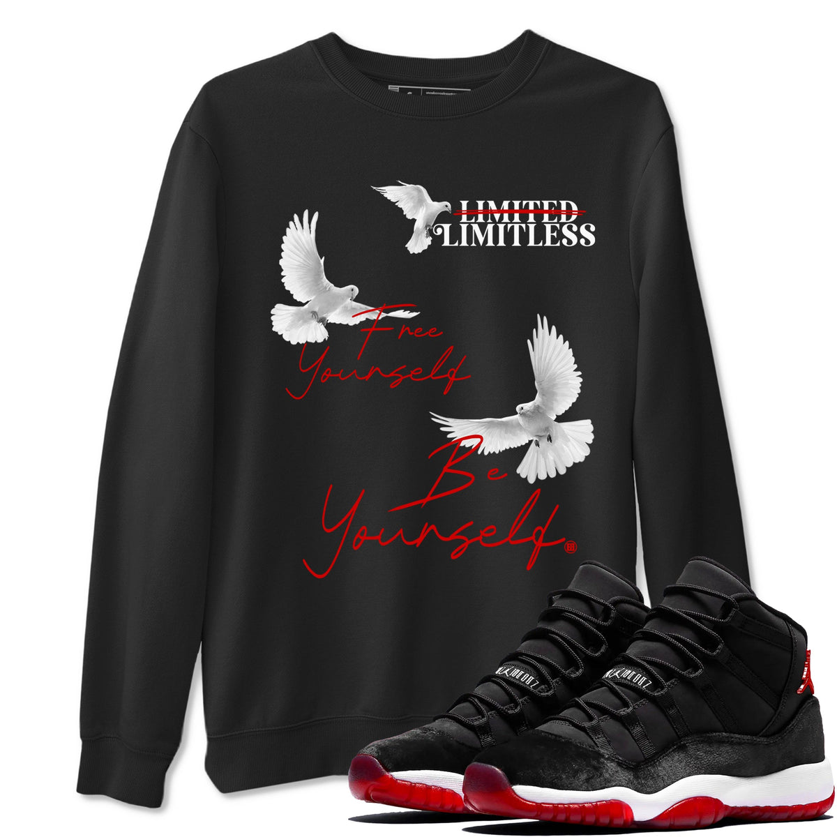11s Bred Velvet shirts to match jordans Free Yourself Be Yourself sneaker match tees Air Jordan 11 Bred Velvet match shoes to clothes Drip Gear Zone unisex cotton Black 1 shirts