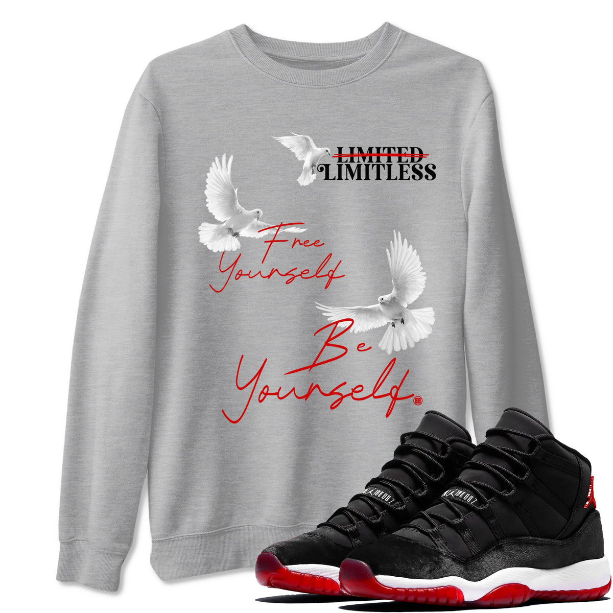 11s Bred Velvet shirts to match jordans Free Yourself Be Yourself sneaker match tees Air Jordan 11 Bred Velvet match shoes to clothes Drip Gear Zone unisex cotton Heather Grey 1 shirts