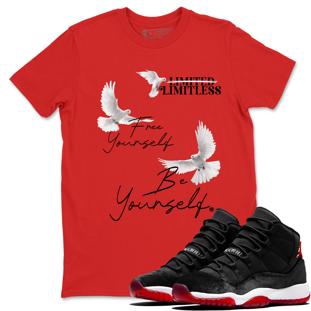 11s Bred Velvet shirts to match jordans Free Yourself Be Yourself sneaker match tees Air Jordan 11 Bred Velvet match shoes to clothes Drip Gear Zone unisex cotton Red 1 shirts