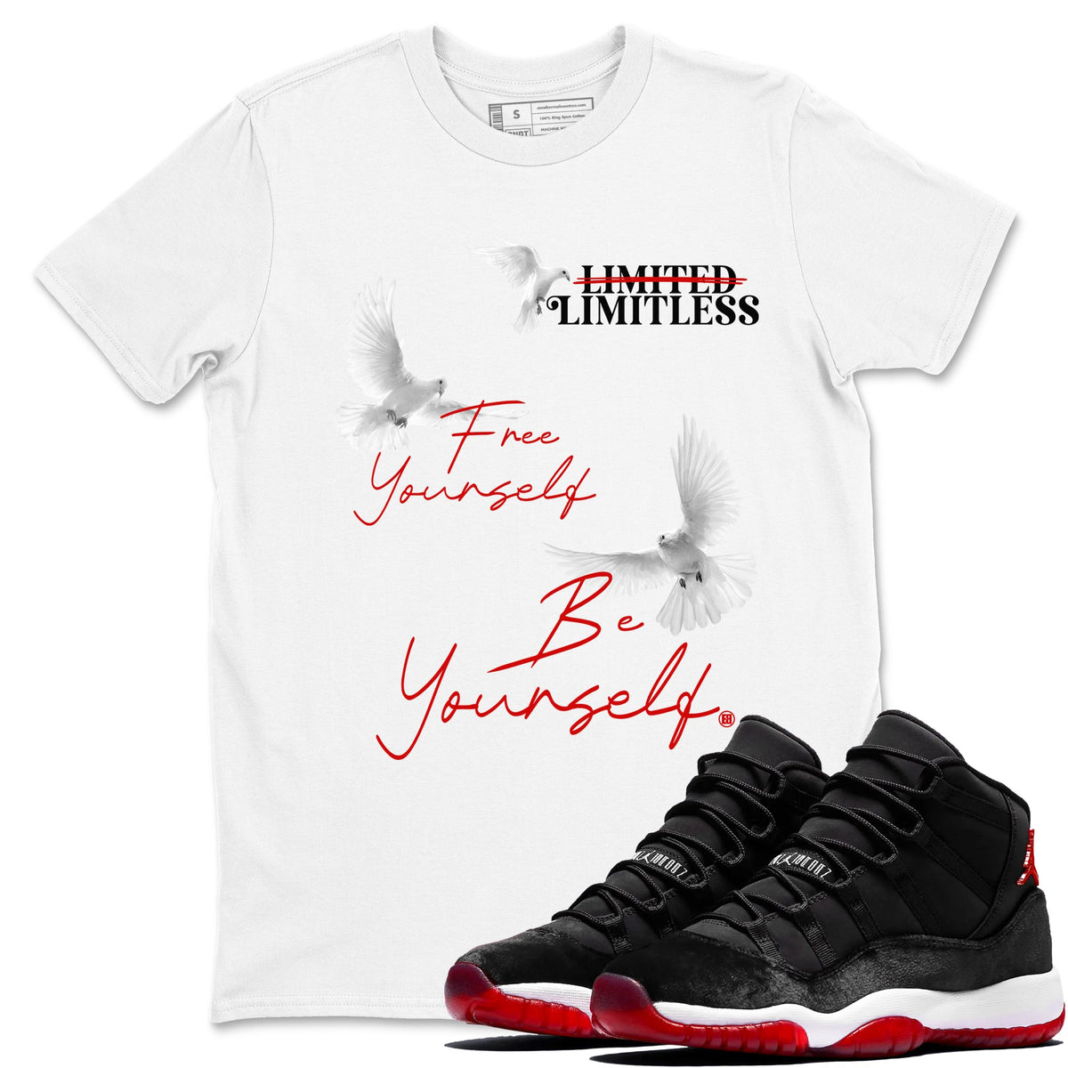 11s Bred Velvet shirts to match jordans Free Yourself Be Yourself sneaker match tees Air Jordan 11 Bred Velvet match shoes to clothes Drip Gear Zone unisex cotton White 1 shirts