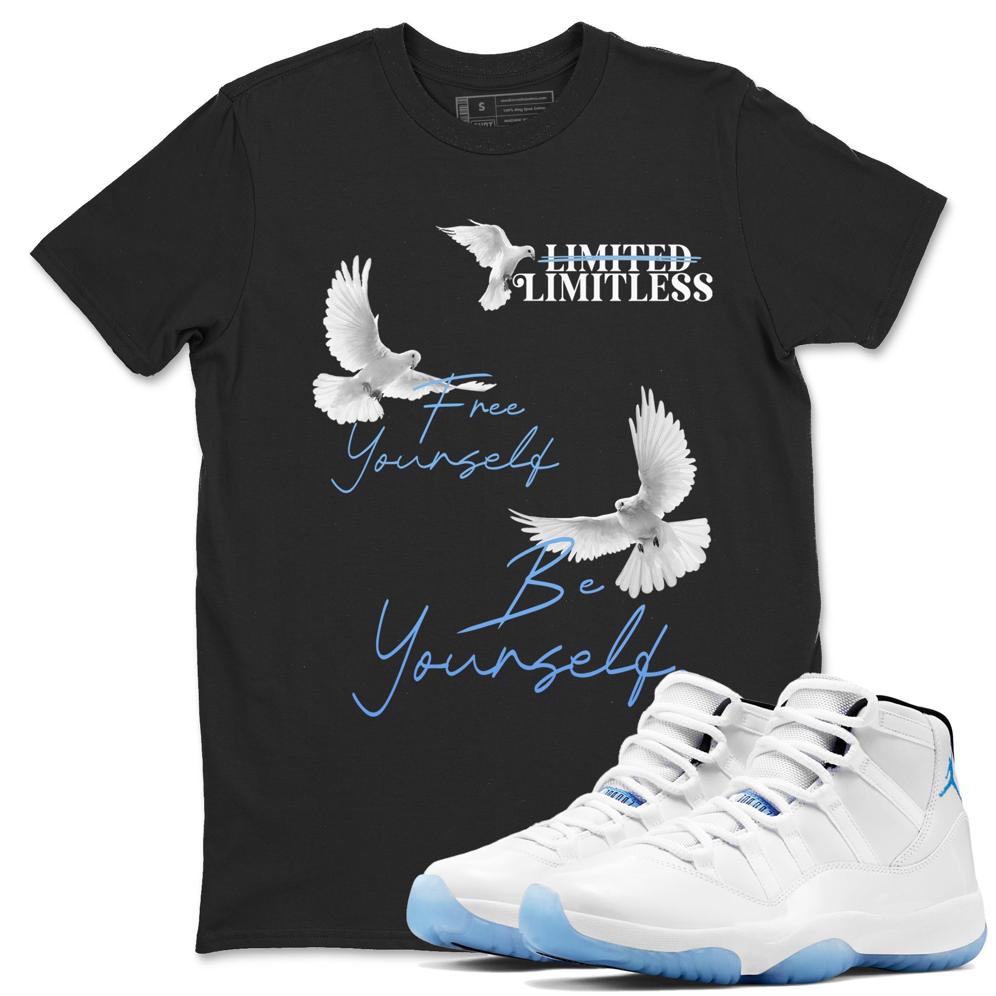 11s Legend Blue shirts to match jordans Free Yourself Be Yourself sneaker match tees Air Jordan 11 Legend Blue match shoes to clothes Drip Gear Zone unisex cotton Black 1 shirts