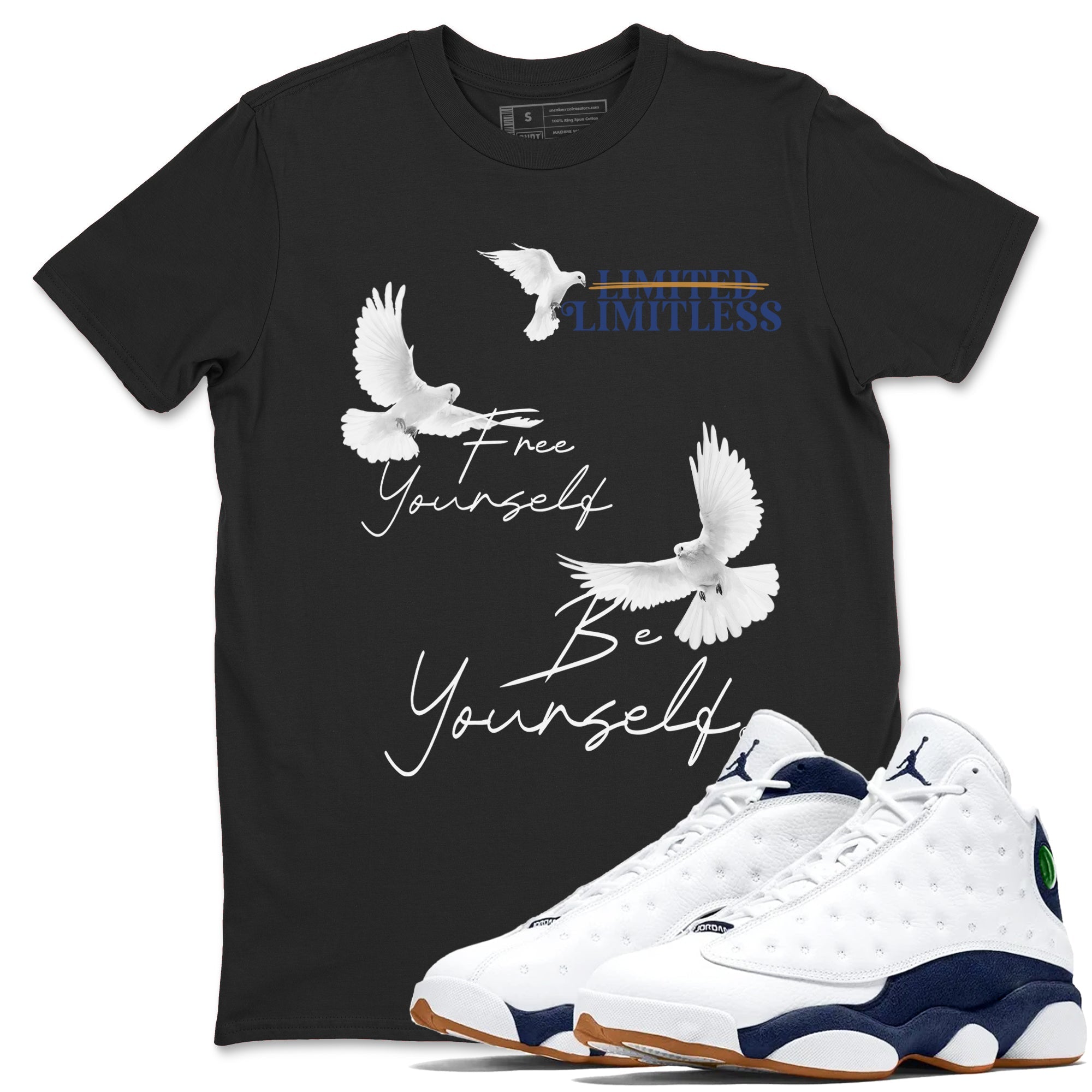 13s Midnight Navy shirts to match jordans Free Yourself Be Yourself sneaker match tees Air Jordan 13 Midnight Navy match shoes to clothes Drip Gear Zone unisex cotton Black 1 shirts