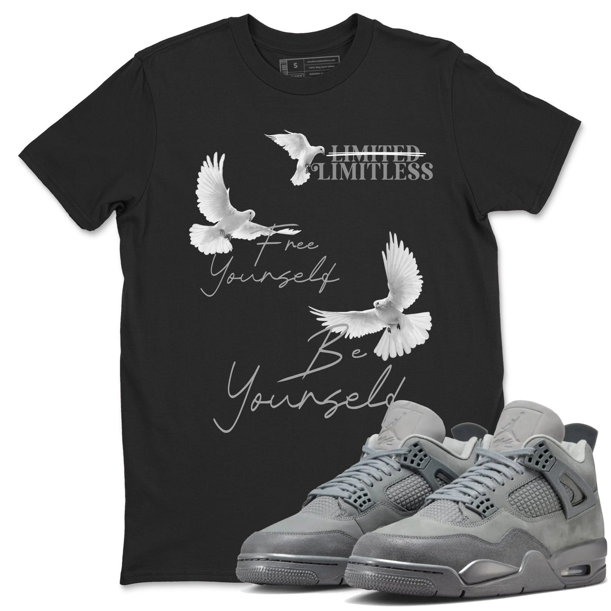 4s Wet Cement shirts to match jordans Free Yourself Be Yourself sneaker match tees Air Jordan 4 Wet Cement match shoes to clothes Drip Gear Zone unisex cotton Black 1 shirts