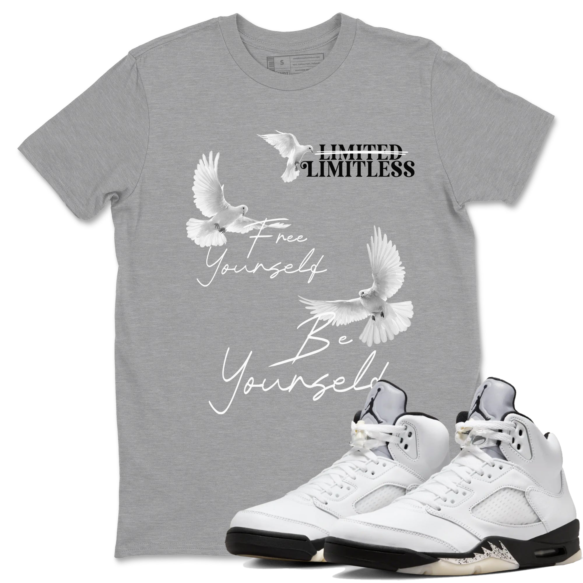 5s White Black shirts to match jordans Free Yourself Be Yourself sneaker match tees Air Jordan 5 White Black match shoes to clothes Drip Gear Zone unisex cotton Heather Grey 1 shirts