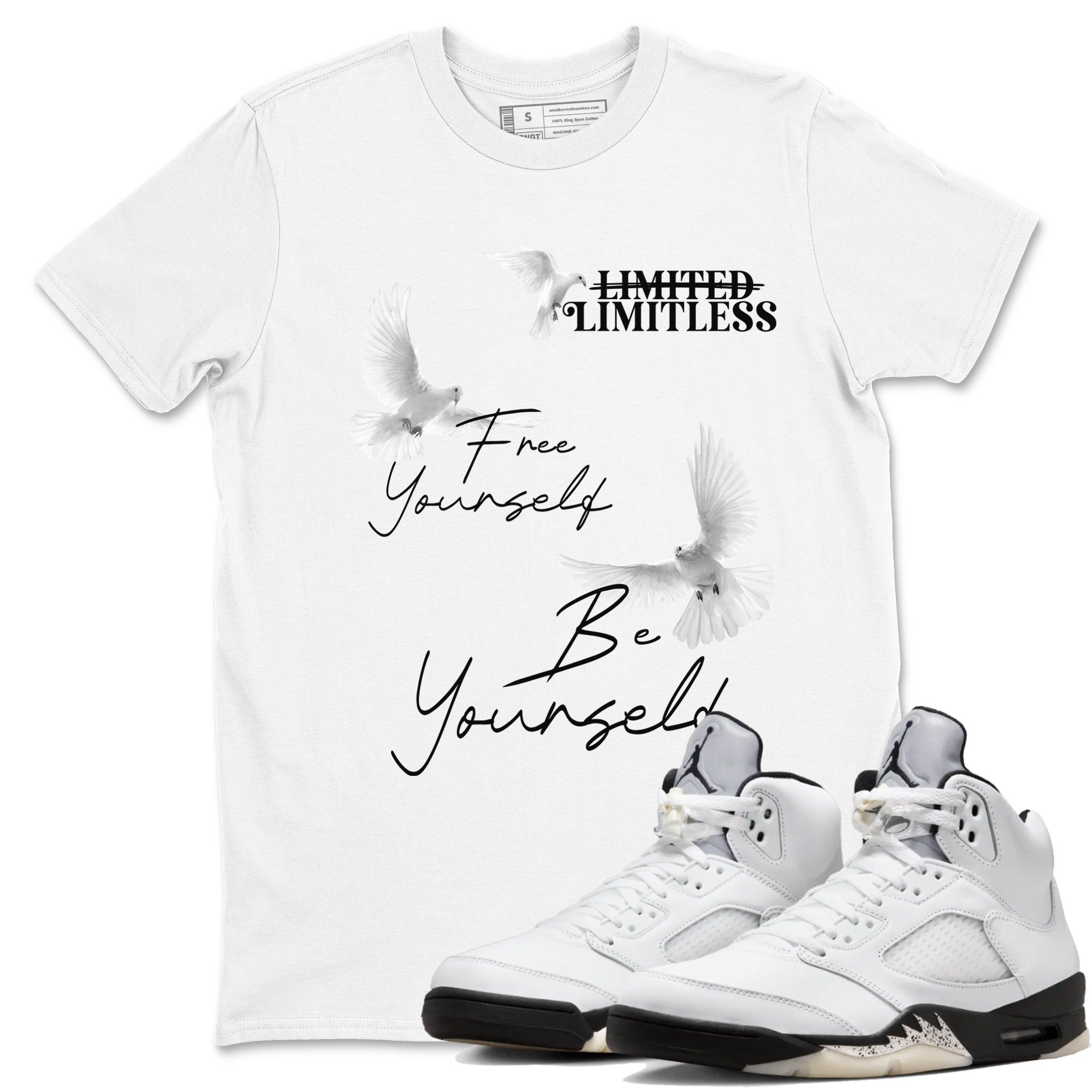 5s White Black shirts to match jordans Free Yourself Be Yourself sneaker match tees Air Jordan 5 White Black match shoes to clothes Drip Gear Zone unisex cotton White 1 shirts
