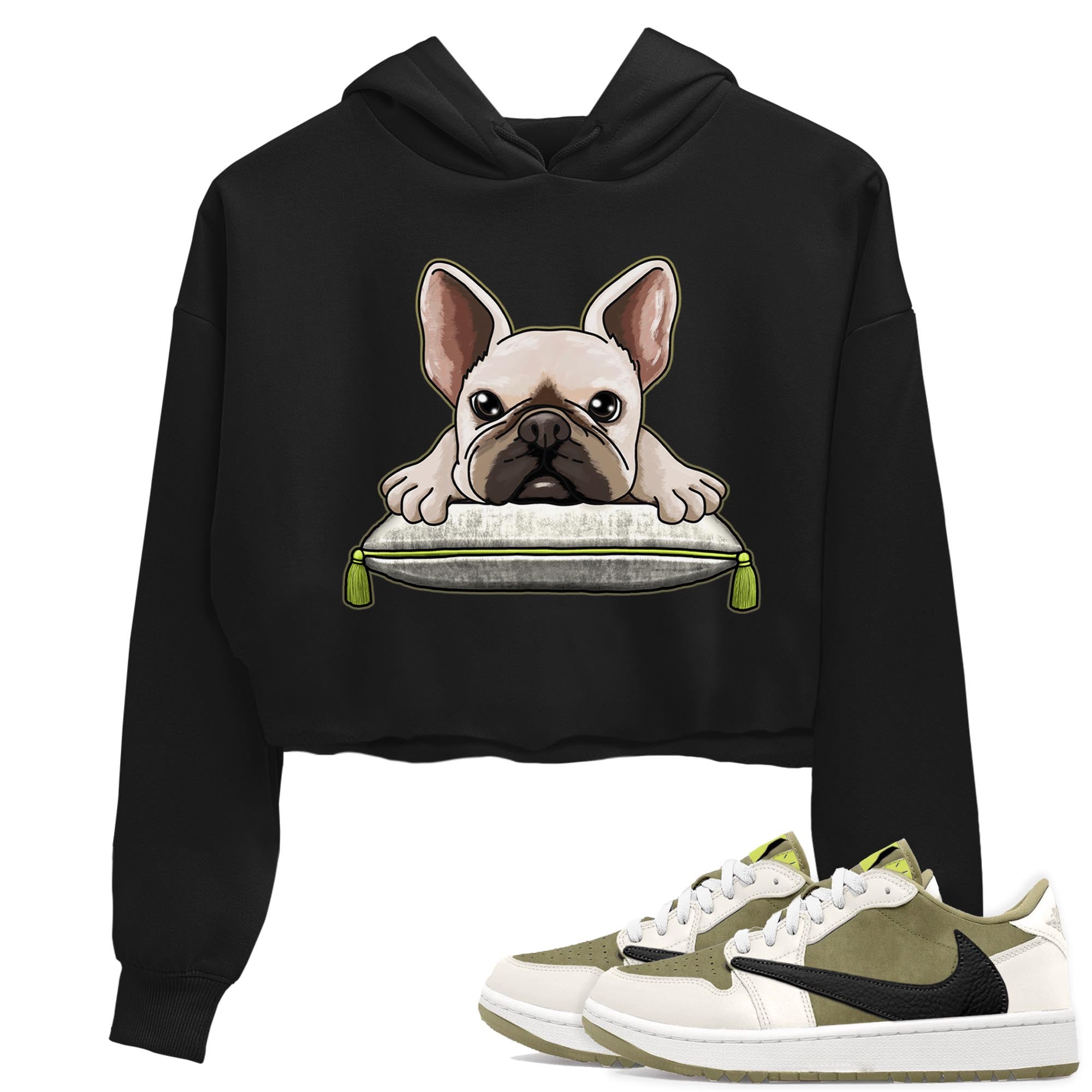 Jordan 1 Low X Travis Scott Golf Olive shirt to match jordans French Bulldog sneaker release tees Air Jordan 1 Travis Scott Golf Olive Drip Gear Zone Black 1 Crop T-Shirt