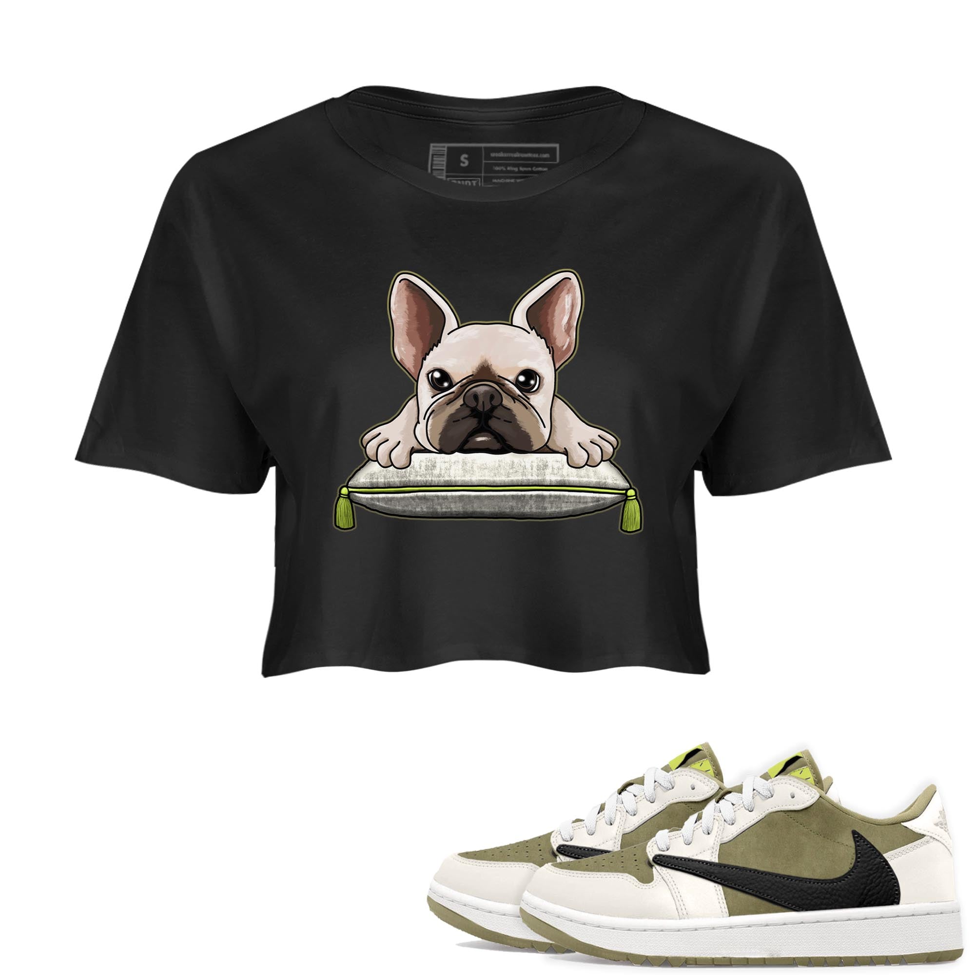 Jordan 1 Low X Travis Scott Golf Olive shirt to match jordans French Bulldog sneaker release tees Air Jordan 1 Travis Scott Golf Olive Drip Gear Zone Black 1 Crop T-Shirt