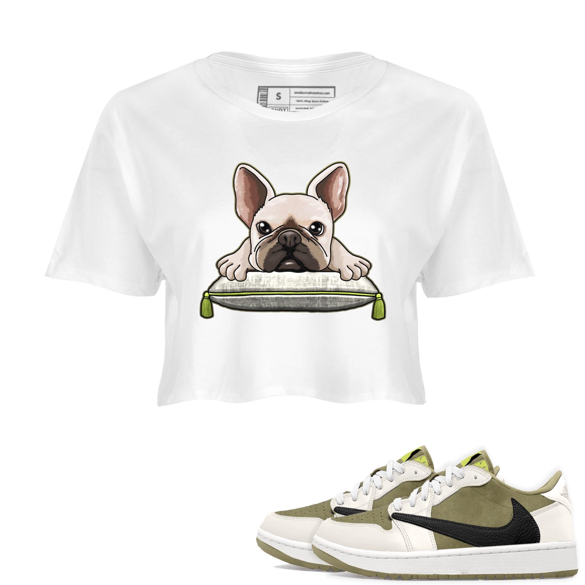 Jordan 1 Low X Travis Scott Golf Olive shirt to match jordans French Bulldog sneaker release tees Air Jordan 1 Travis Scott Golf Olive Drip Gear Zone White 1 Crop T-Shirt
