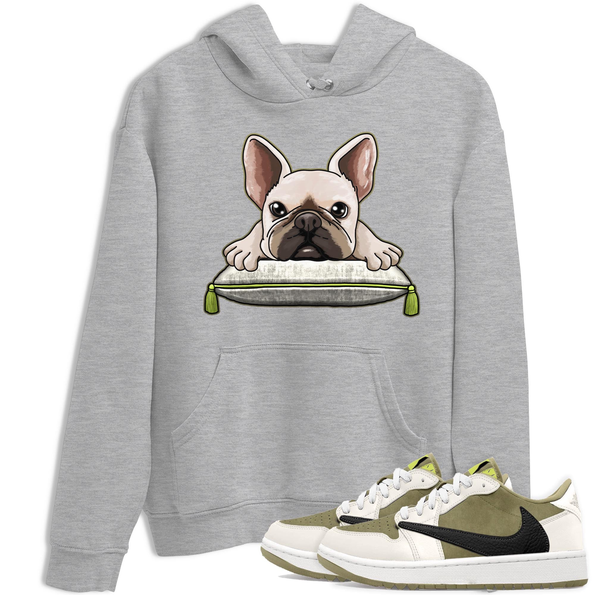 Jordan 1 Low X Travis Scott Golf Olive shirt to match jordans French Bulldog sneaker release tees Air Jordan 1 Travis Scott Golf Olive Drip Gear Zone Unisex Streetwear Clothing Heather Grey 1 T-Shirt