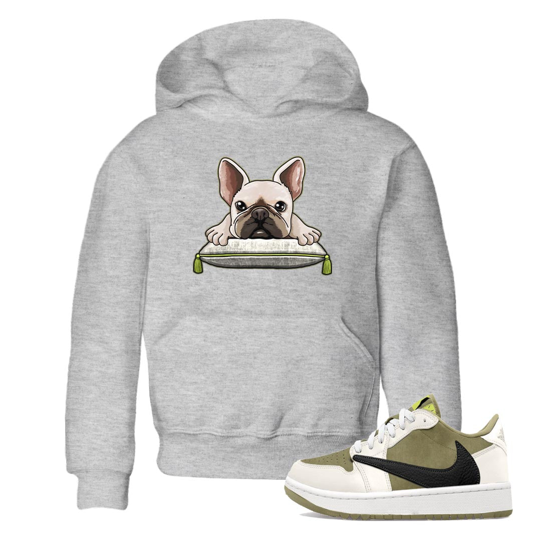 Jordan 1 Low X Travis Scott Golf Olive shirt to match jordans French Bulldog sneaker release tees Air Jordan 1 Travis Scott Golf Olive Drip Gear Zone Baby Toddler Heather Grey 1 T-Shirt