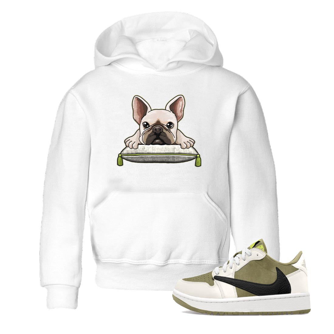 Jordan 1 Low X Travis Scott Golf Olive shirt to match jordans French Bulldog sneaker release tees Air Jordan 1 Travis Scott Golf Olive Drip Gear Zone Baby Toddler White 1 T-Shirt