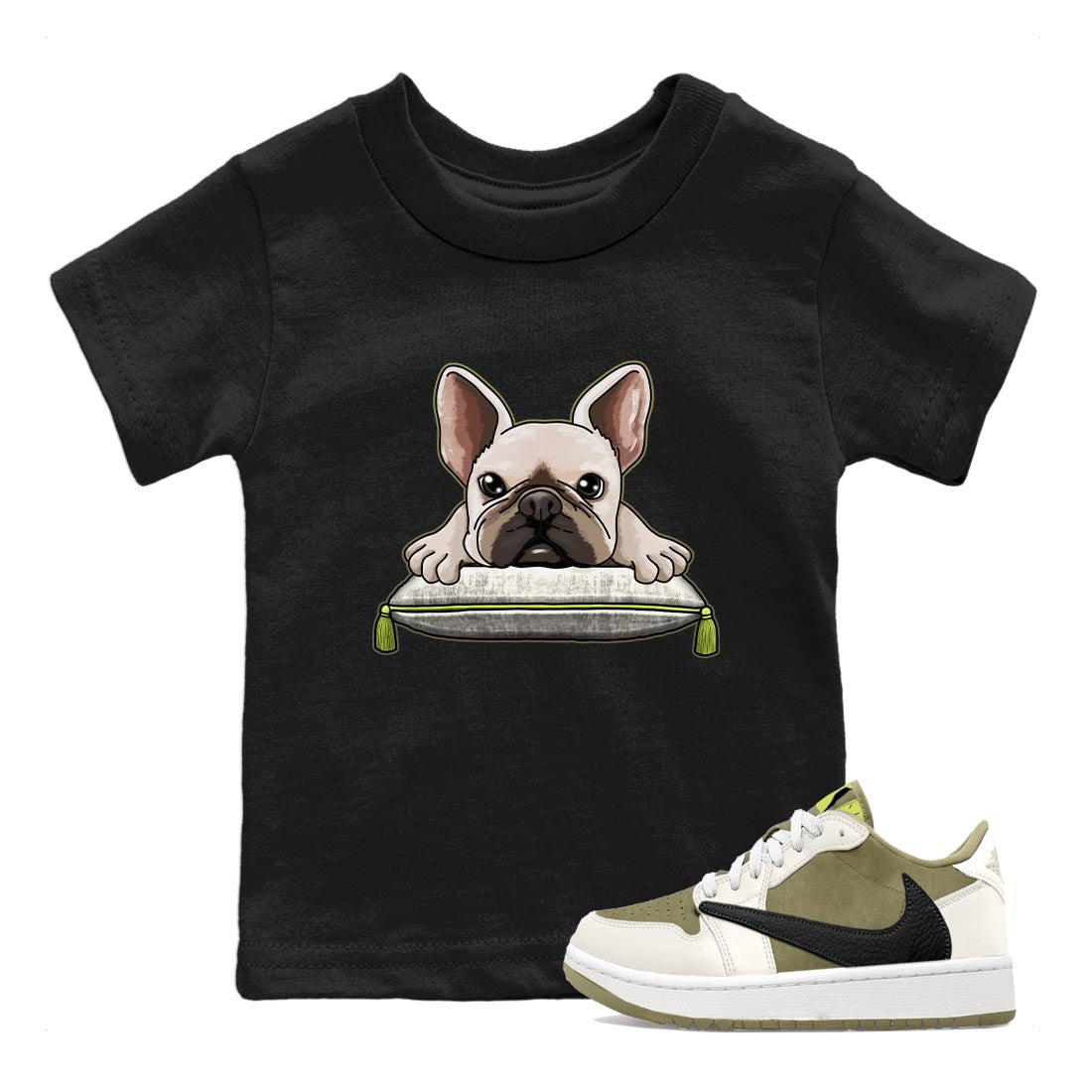 Jordan 1 Low X Travis Scott Golf Olive shirt to match jordans French Bulldog sneaker release tees Air Jordan 1 Travis Scott Golf Olive Drip Gear Zone Baby Toddler Black 1 T-Shirt