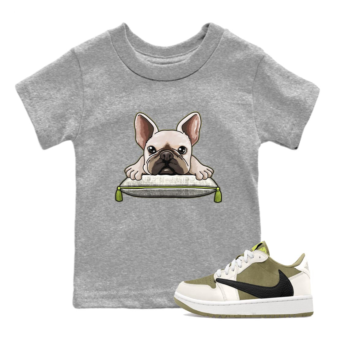 Jordan 1 Low X Travis Scott Golf Olive shirt to match jordans French Bulldog sneaker release tees Air Jordan 1 Travis Scott Golf Olive Drip Gear Zone Baby Toddler Heather Grey 1 T-Shirt