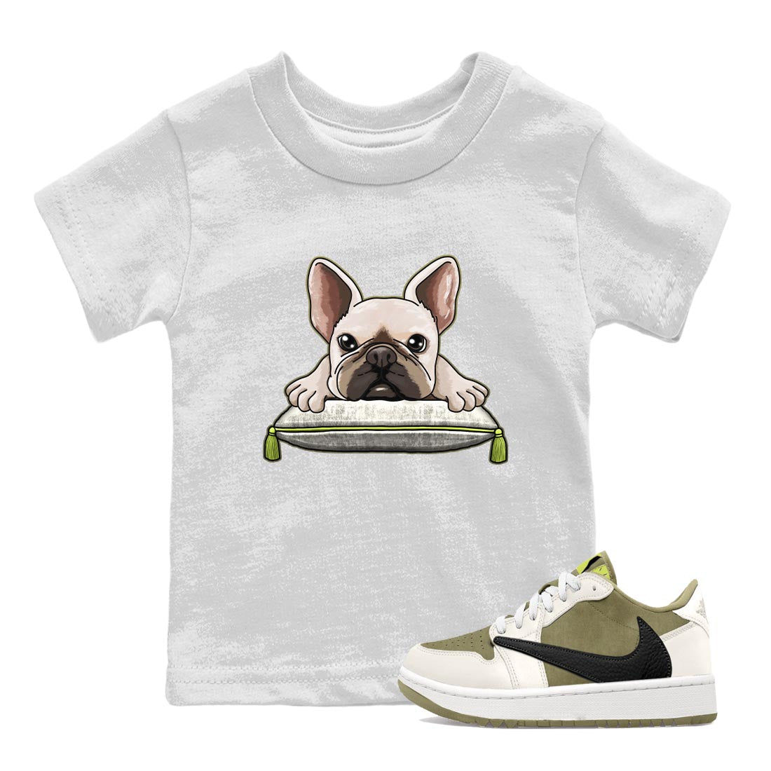 Jordan 1 Low X Travis Scott Golf Olive shirt to match jordans French Bulldog sneaker release tees Air Jordan 1 Travis Scott Golf Olive Drip Gear Zone Baby Toddler White 1 T-Shirt