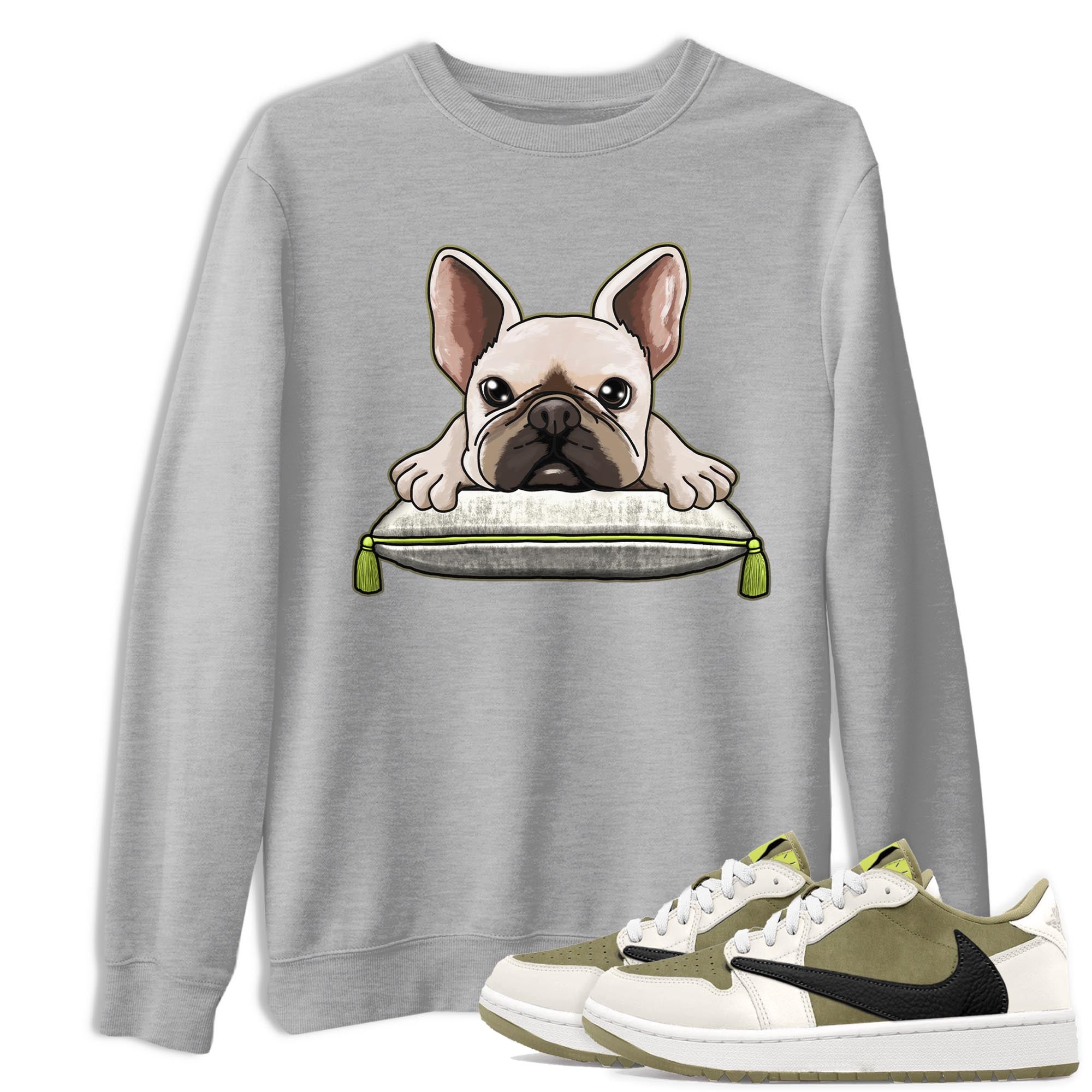 Jordan 1 Low X Travis Scott Golf Olive shirt to match jordans French Bulldog sneaker release tees Air Jordan 1 Travis Scott Golf Olive Drip Gear Zone Unisex Streetwear Clothing Heather Grey 1 T-Shirt
