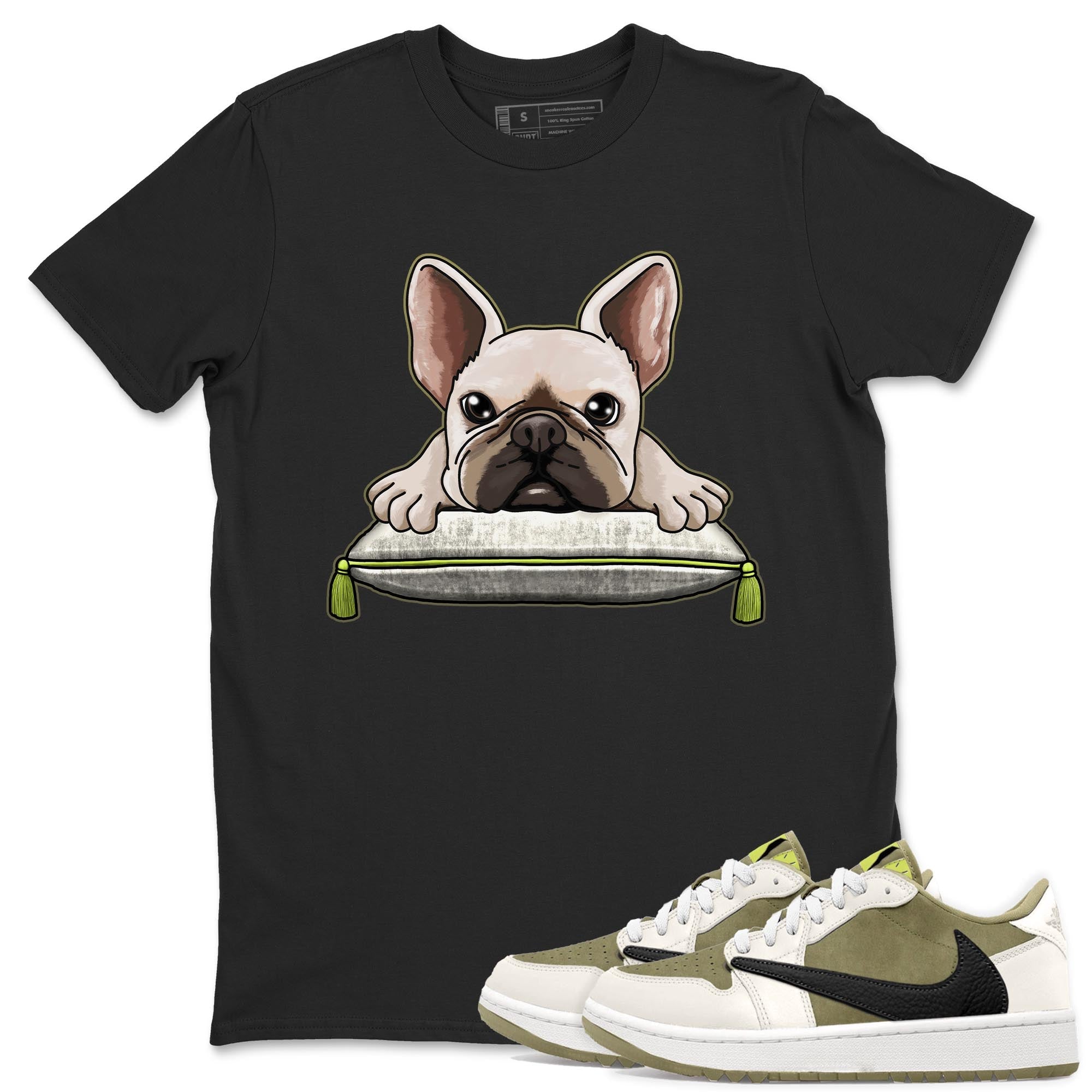 Jordan 1 Low X Travis Scott Golf Olive shirt to match jordans French Bulldog sneaker release tees Air Jordan 1 Travis Scott Golf Olive Drip Gear Zone Unisex Streetwear Clothing Black 1 T-Shirt