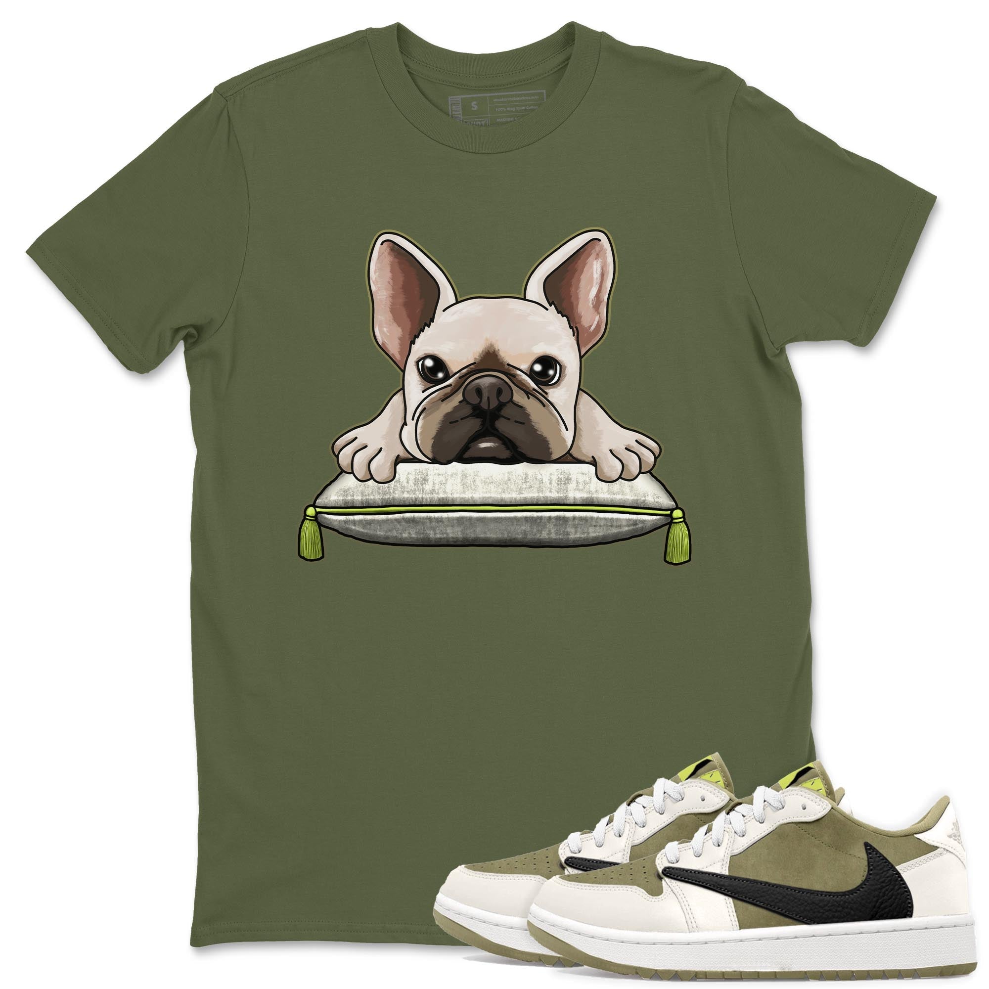 Jordan 1 Low X Travis Scott Golf Olive shirt to match jordans French Bulldog sneaker release tees Air Jordan 1 Travis Scott Golf Olive Drip Gear Zone Unisex Streetwear Clothing Military Green 1 T-Shirt