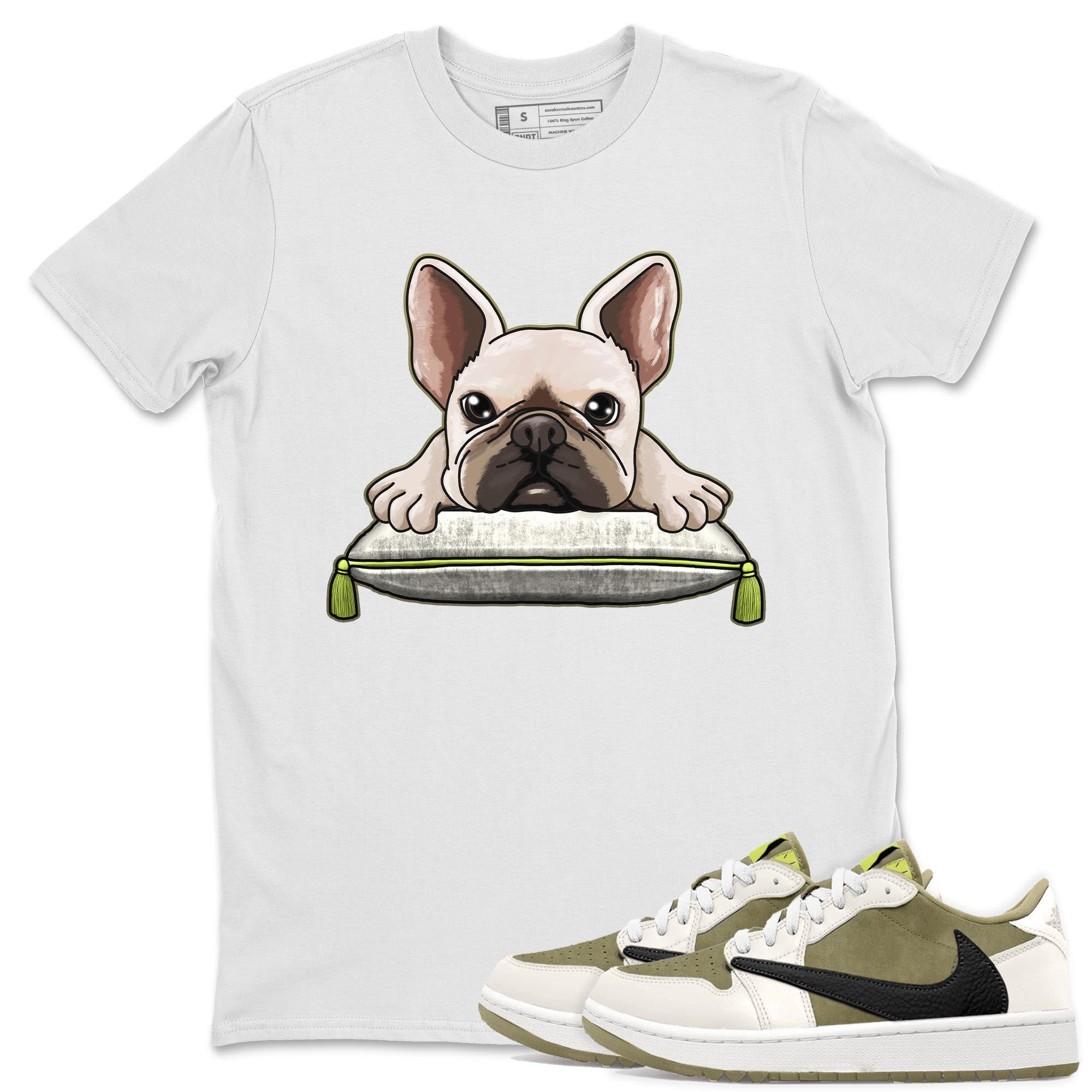 Jordan 1 Low X Travis Scott Golf Olive shirt to match jordans French Bulldog sneaker release tees Air Jordan 1 Travis Scott Golf Olive Drip Gear Zone Unisex Streetwear Clothing White 1 T-Shirt