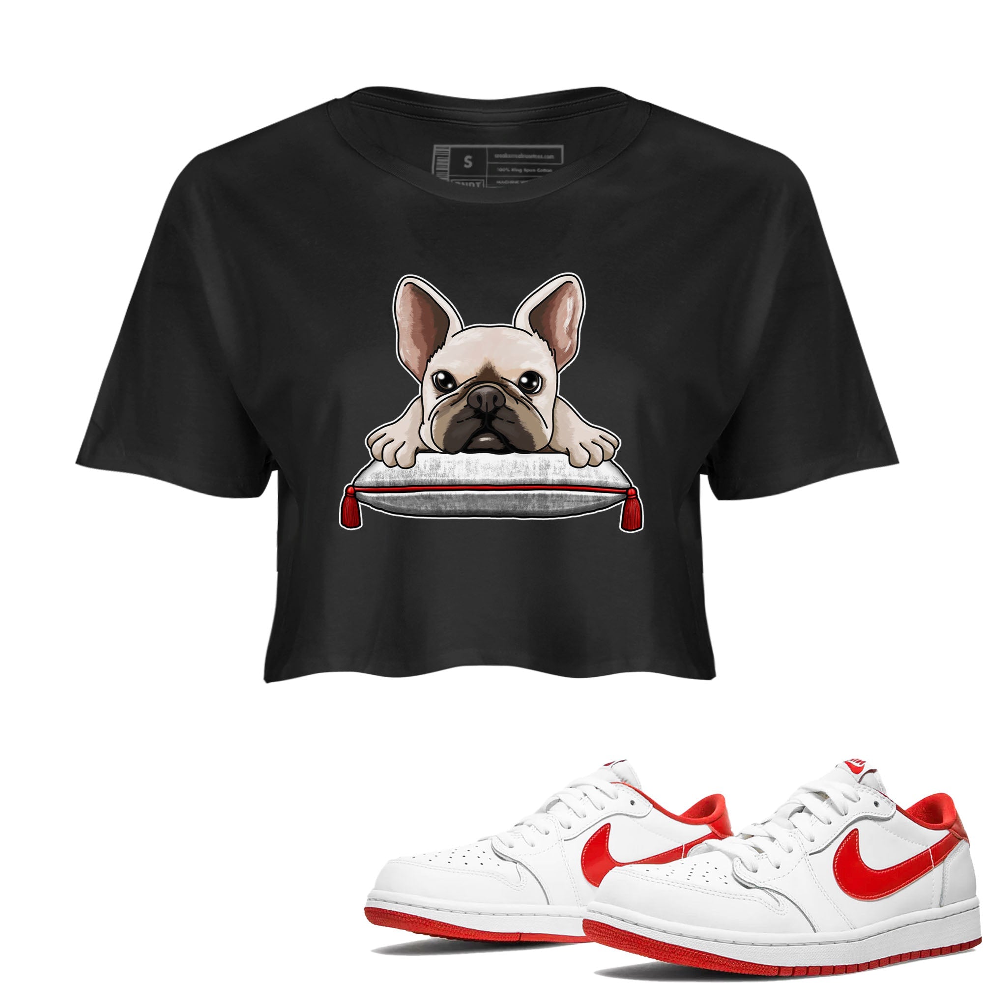1s Low University Red shirt to match jordans French Bulldog sneaker tees Air Jordan 1 University Red Drip Gear Zone Sneaker Matching Clothing Brand Black 1 Crop T-Shirt