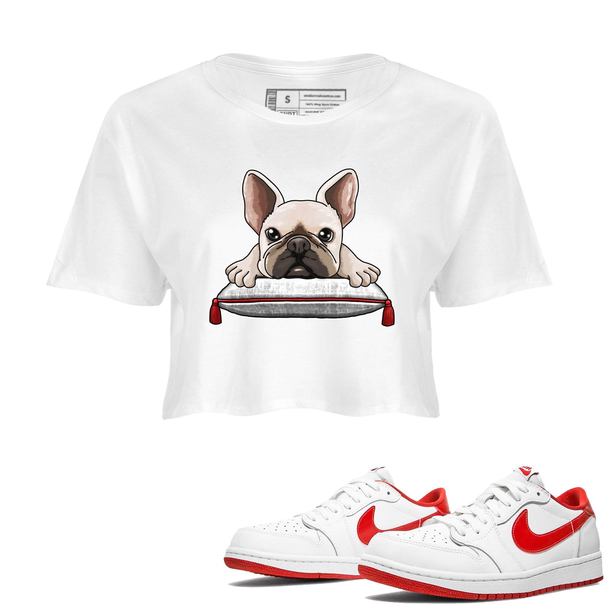 1s Low University Red shirt to match jordans French Bulldog sneaker tees Air Jordan 1 University Red Drip Gear Zone Sneaker Matching Clothing Brand White 1 Crop T-Shirt