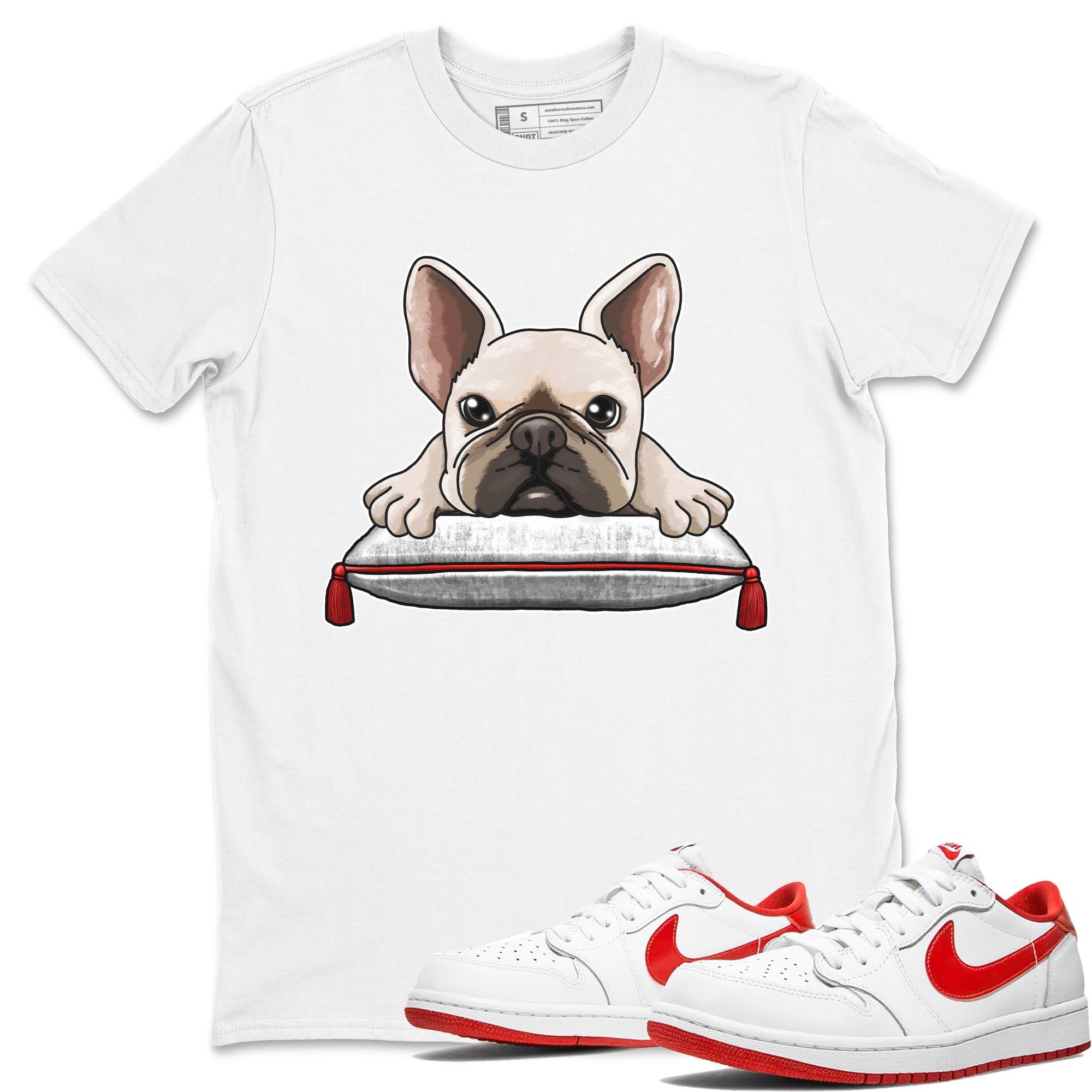 1s Low University Red shirt to match jordans French Bulldog sneaker tees Air Jordan 1 University Red Drip Gear Zone Sneaker Matching Clothing Brand Unisex Sneaker Tee White 1 T-Shirt