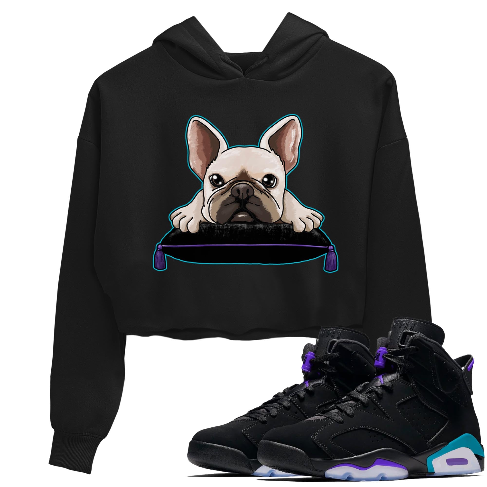 AJ6 Aqua shirt to match jordans French Bulldog sneaker release tees Air Jordan 6 Aqua Drip Gear Zone Black 1 Crop T-Shirt