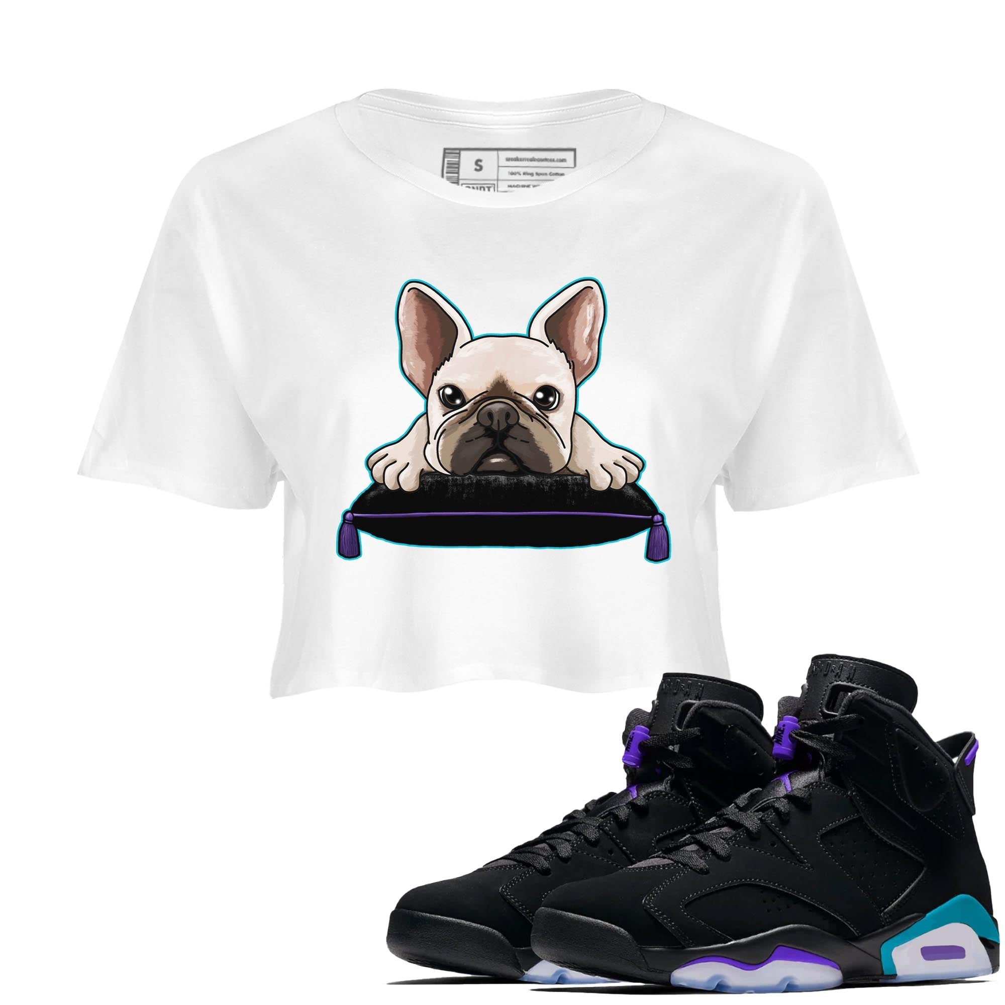 AJ6 Aqua shirt to match jordans French Bulldog sneaker release tees Air Jordan 6 Aqua Drip Gear Zone White 1 Crop T-Shirt