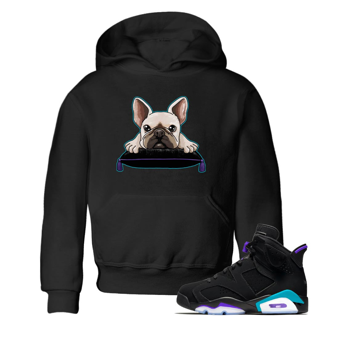 AJ6 Aqua shirt to match jordans French Bulldog sneaker release tees Air Jordan 6 Aqua Drip Gear Zone Baby Toddler Black 1 T-Shirt