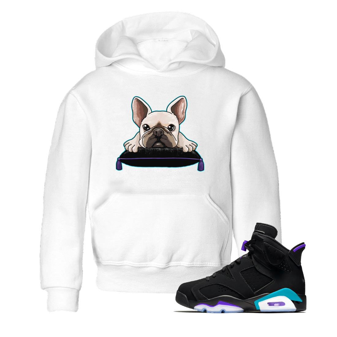 AJ6 Aqua shirt to match jordans French Bulldog sneaker release tees Air Jordan 6 Aqua Drip Gear Zone Baby Toddler White 1 T-Shirt