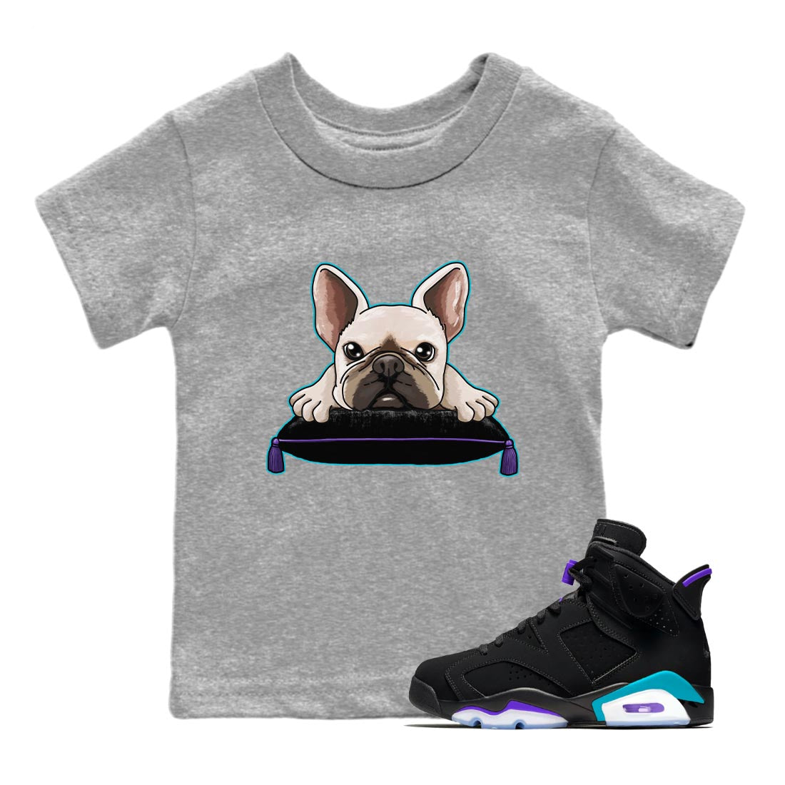 AJ6 Aqua shirt to match jordans French Bulldog sneaker release tees Air Jordan 6 Aqua Drip Gear Zone Baby Toddler Heather Grey 1 T-Shirt