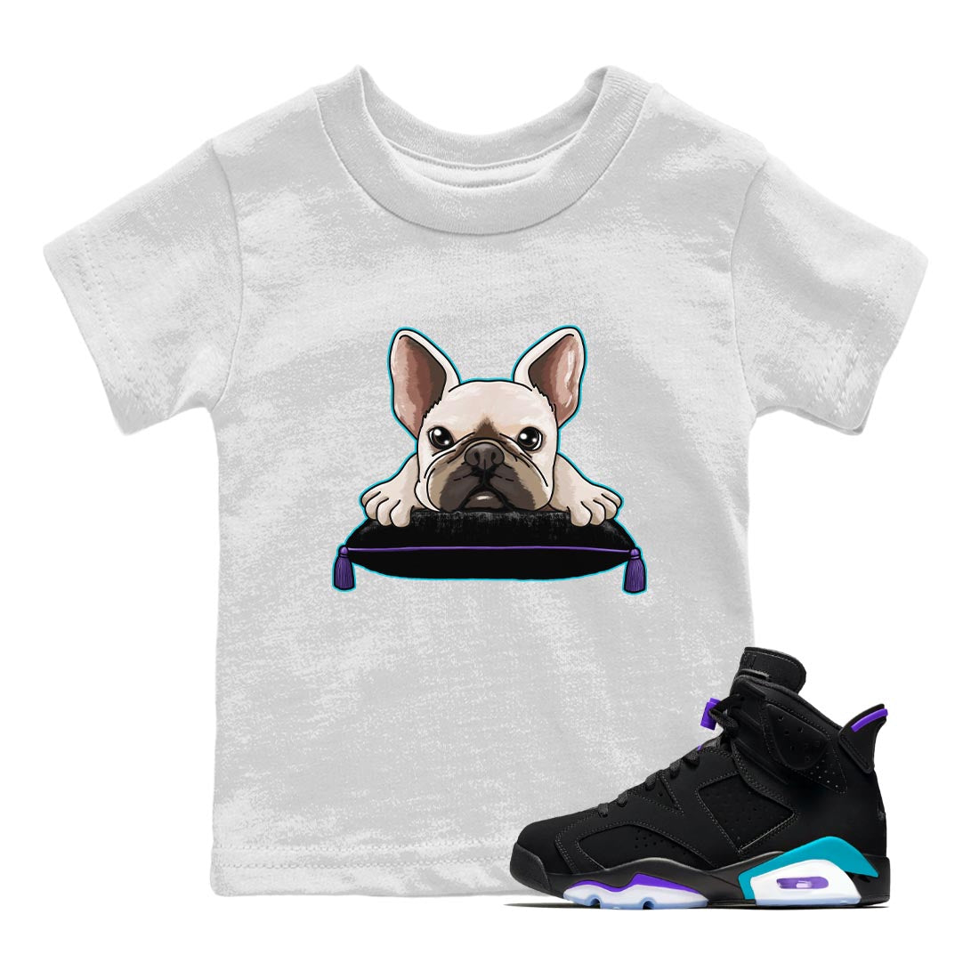 AJ6 Aqua shirt to match jordans French Bulldog sneaker release tees Air Jordan 6 Aqua Drip Gear Zone Baby Toddler White 1 T-Shirt