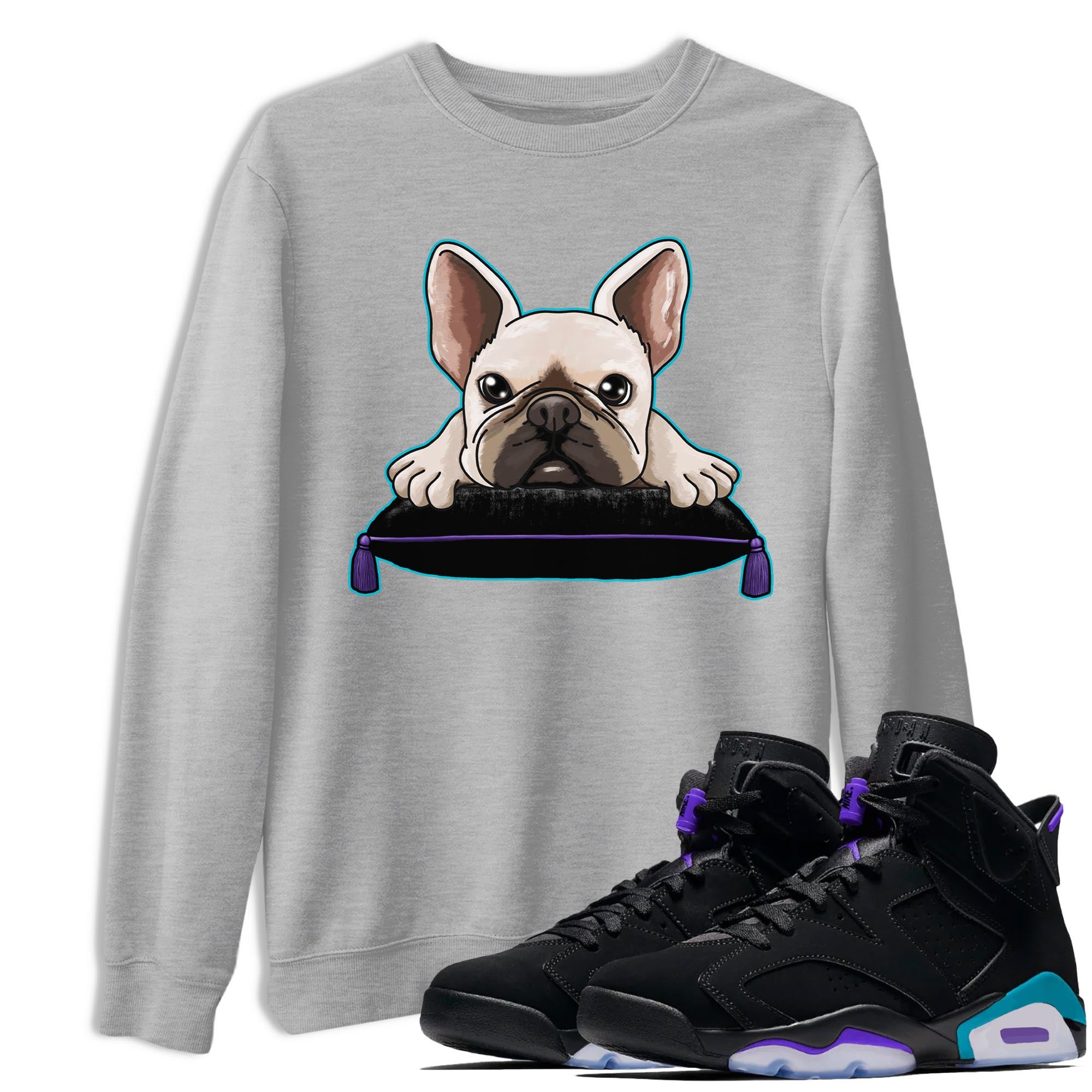 AJ6 Aqua shirt to match jordans French Bulldog sneaker release tees Air Jordan 6 Aqua Drip Gear Zone Unisex Streetwear Clothing Heather Grey 1 T-Shirt