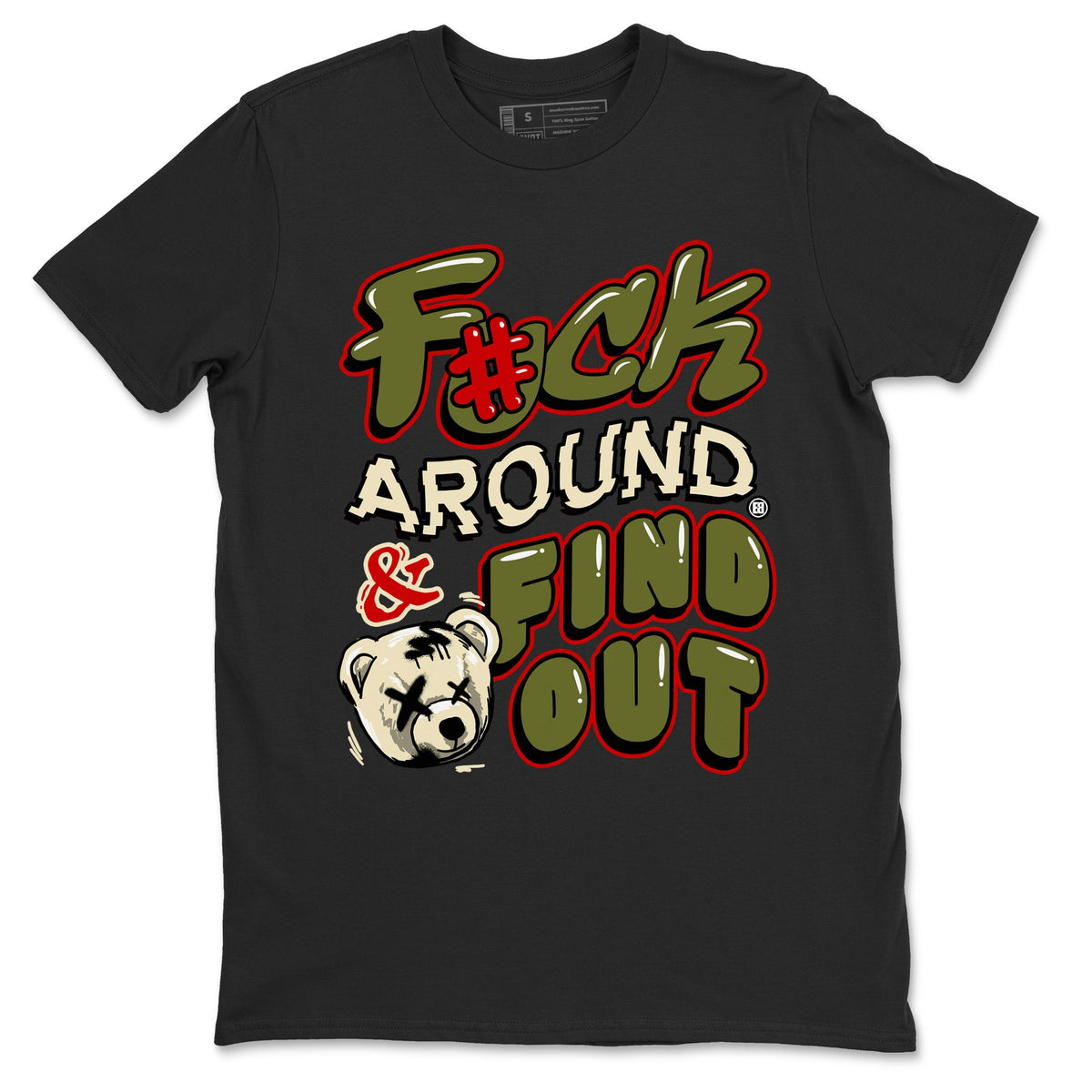 Jordan 1 Olive t shirts to match sneakers Fuck Around And Find Out sneaker match tees Air Jordan 1 Low x Travis Scott Reverse Olive tee Drip Gear Zone unisex cotton Black 2 shirts